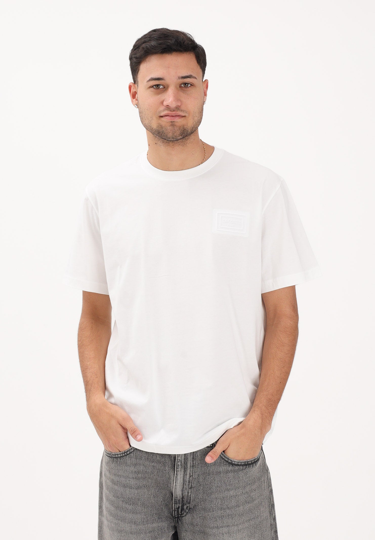 LACOSTE T-shirt a manica corta bianca da uomo con marchio goffrato<BR/> TH0753 70V LACOSTE 
