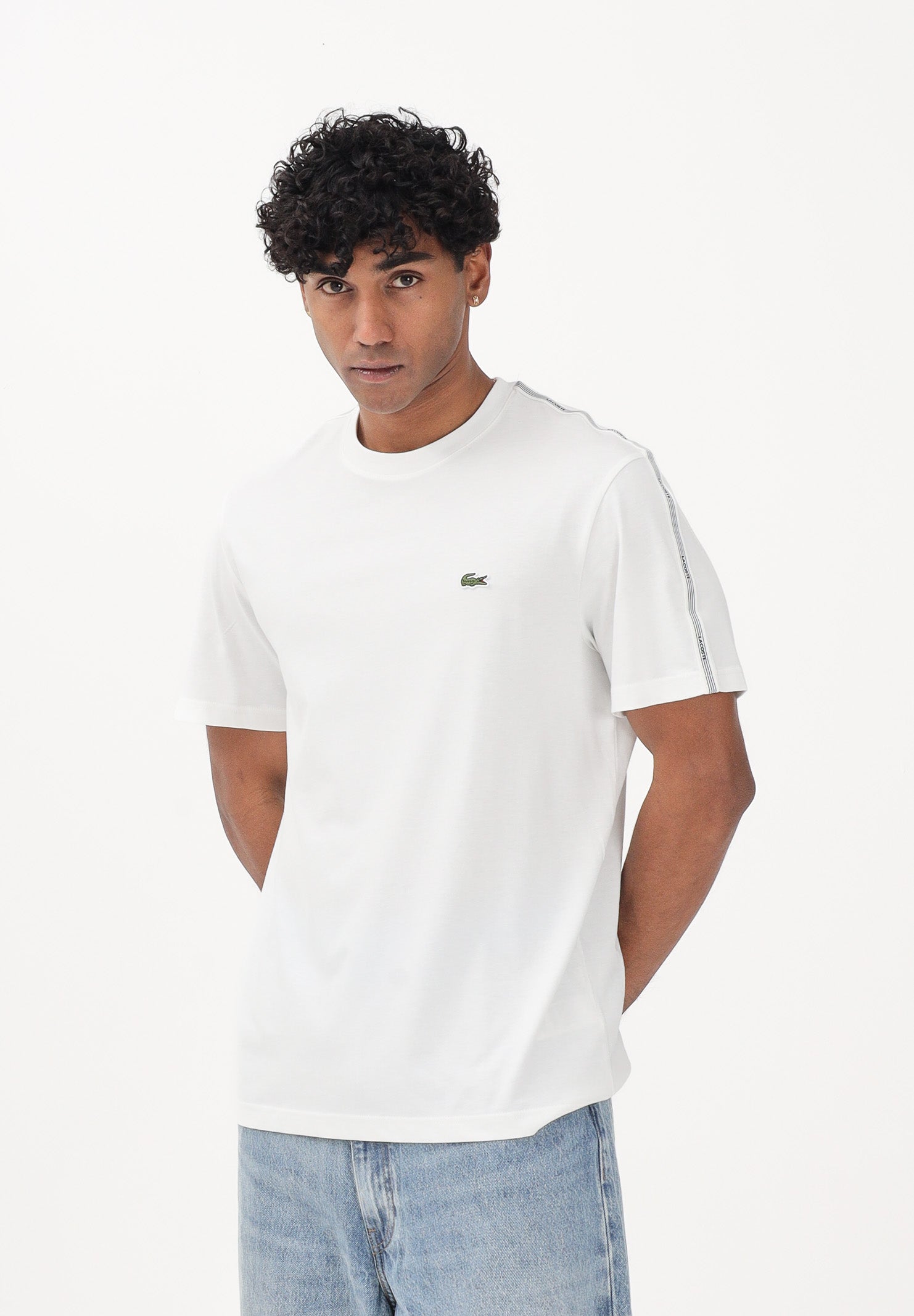 LACOSTE T-shirt a manica corta bianca da uomo con fascia a righe firmata TH0888 70V LACOSTE 