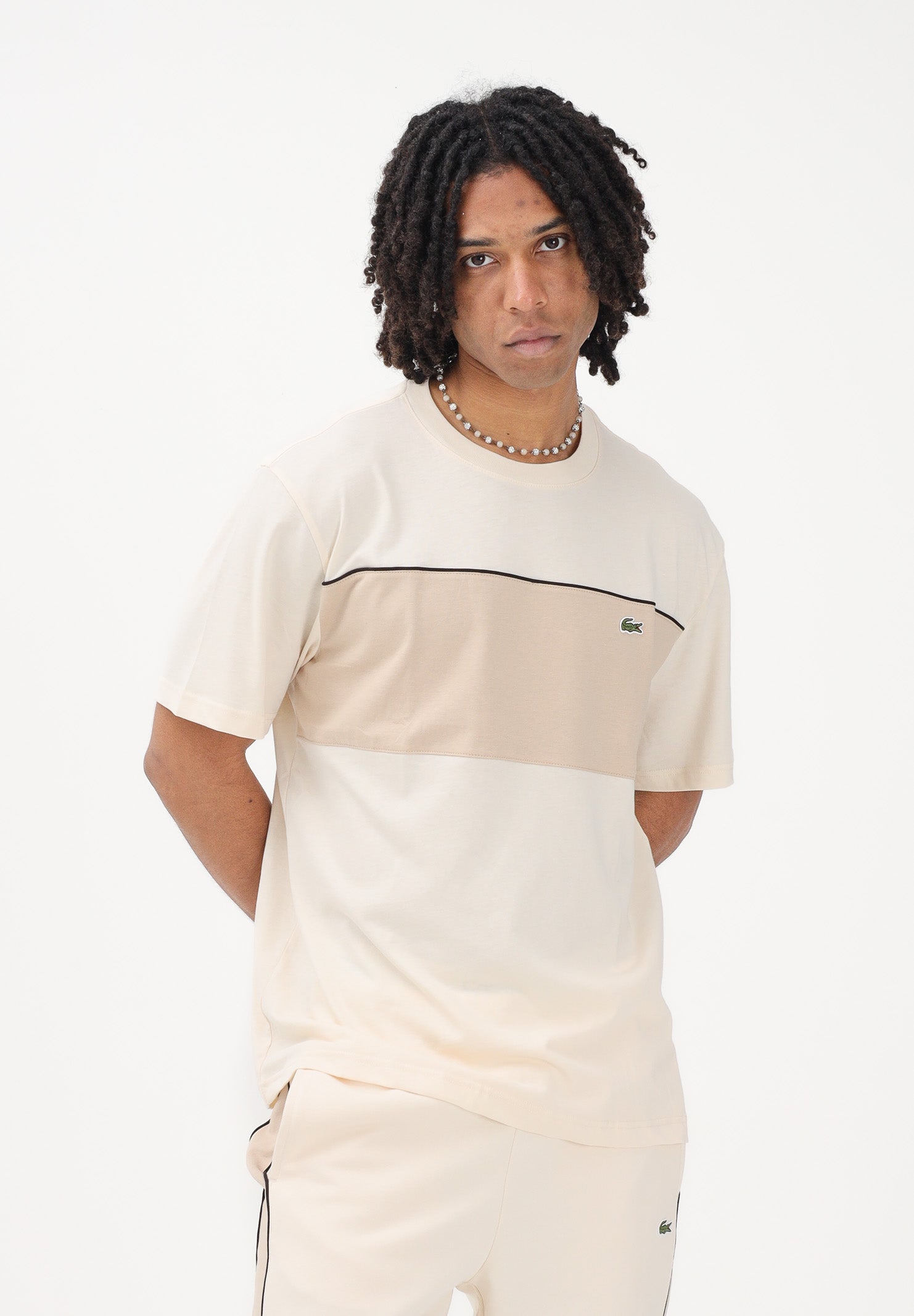 LACOSTE T-shirt a manica corta beige da uomo con motivo color block TH0896 3RR LACOSTE 