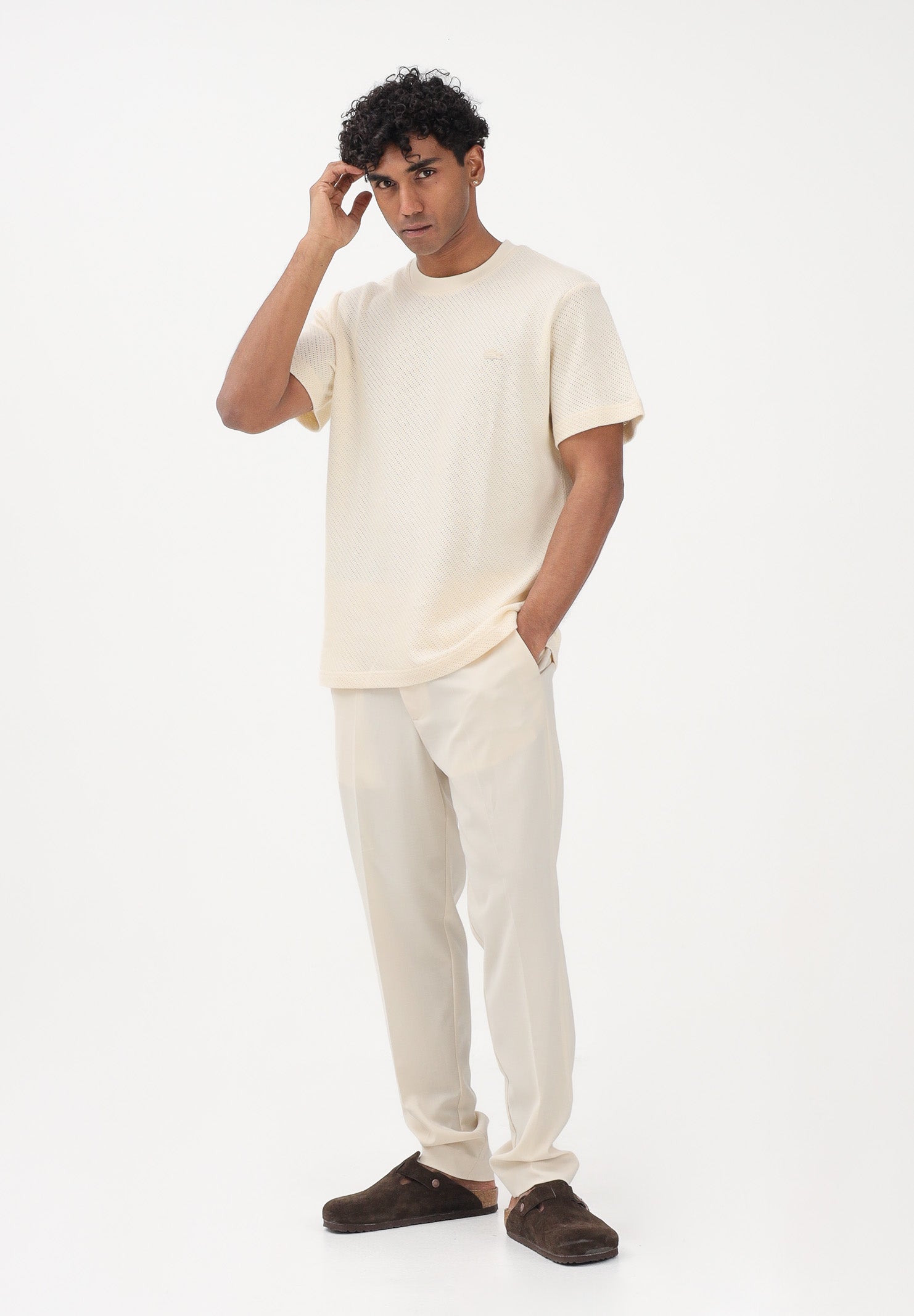 LACOSTE T-shirt a manica corta panna da uomo in cotone traforato TH2665 056 LACOSTE 