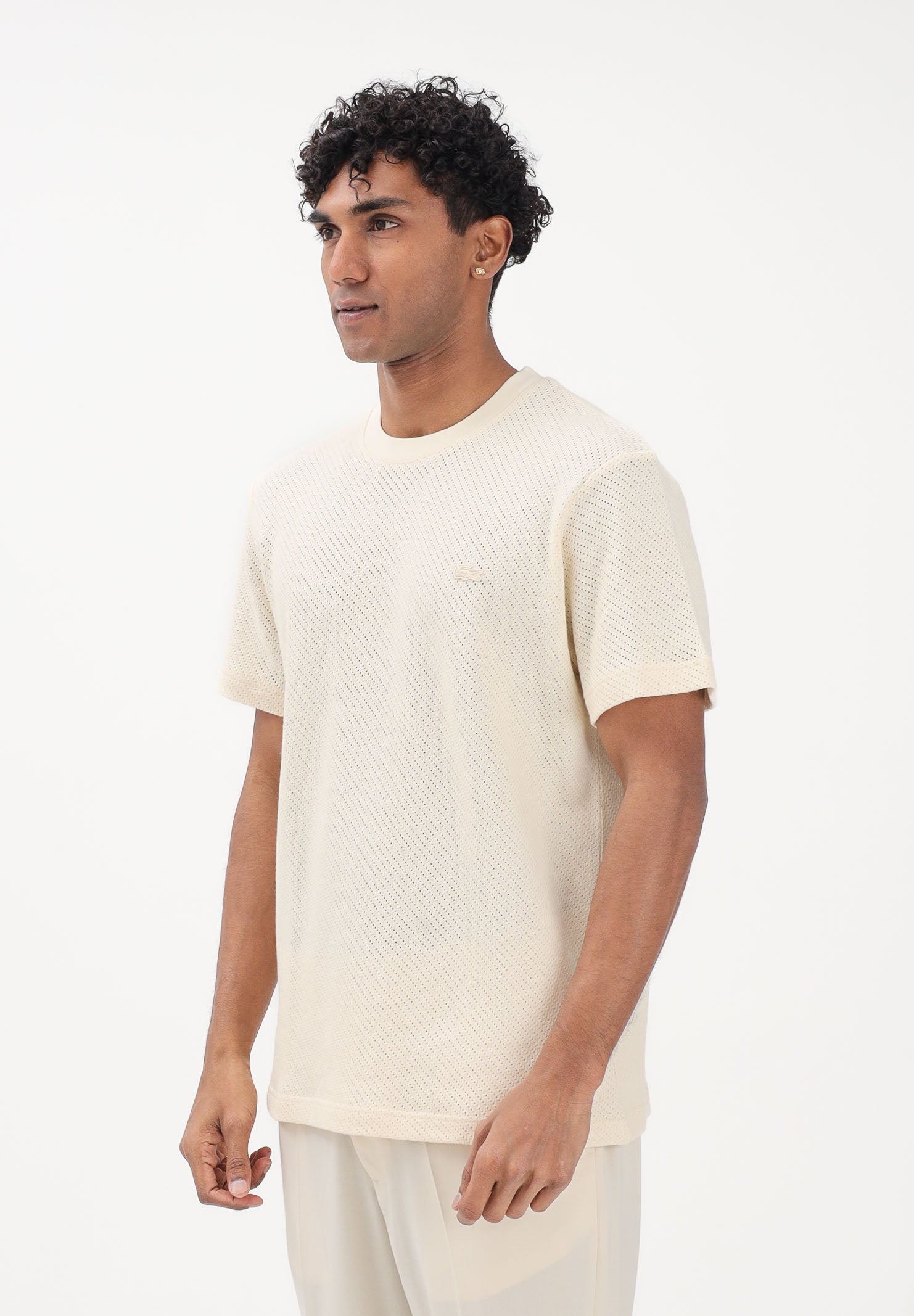 LACOSTE T-shirt a manica corta panna da uomo in cotone traforato TH2665 056 LACOSTE 