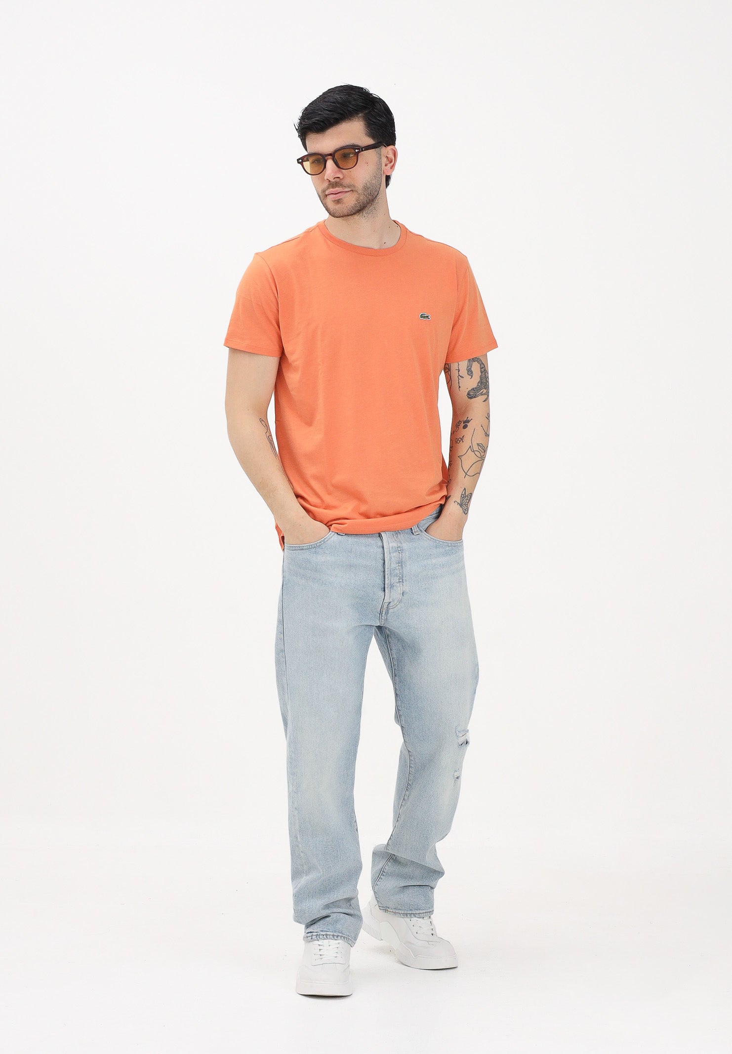 LACOSTE T-shirt a manica corta arancione per uomo e donna con patch logo TH6709 IY0 LACOSTE 