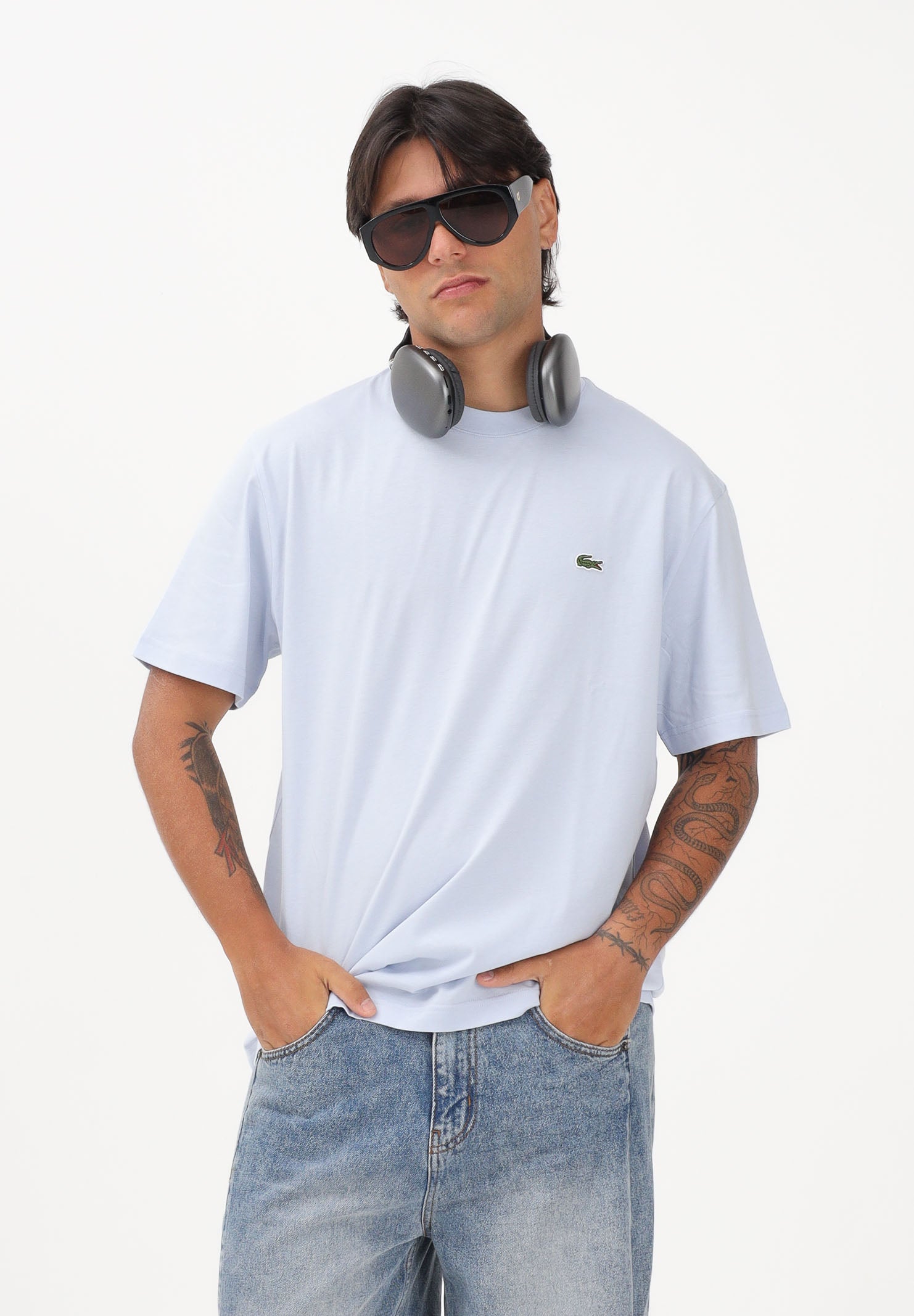 LACOSTE T-shirt a manica corta celeste per uomo e donna con patch coccodrillo TH7318 J2G LACOSTE 