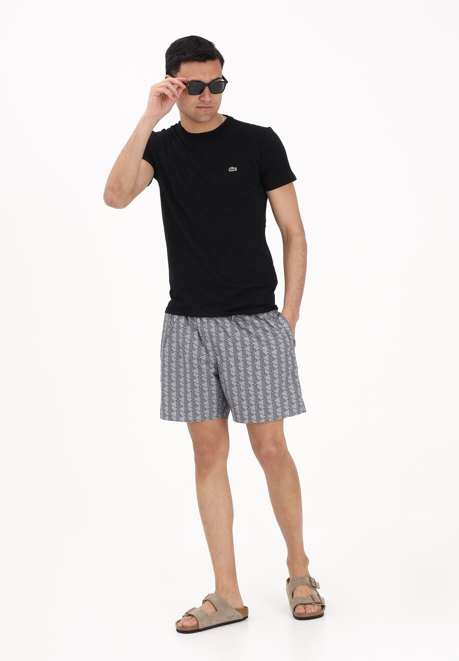LACOSTE Shorts mare grigio da uomo con stampa monogramma MH9086 YIN LACOSTE 