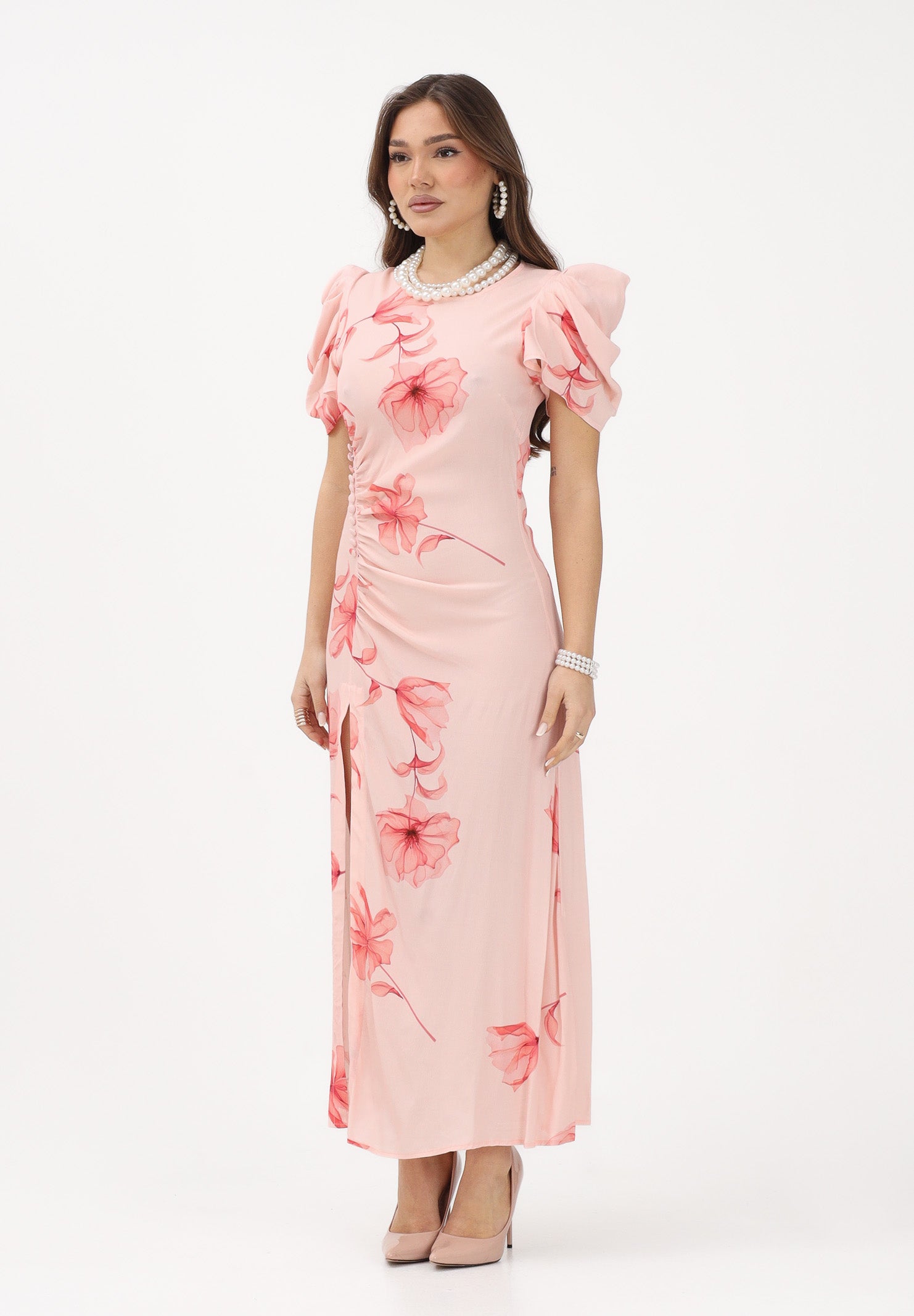 MAR DE MARGARITAS Abito midi Kristel nude da donna con stampa floreale MMABW01537 AR14 Mar de margaritas 