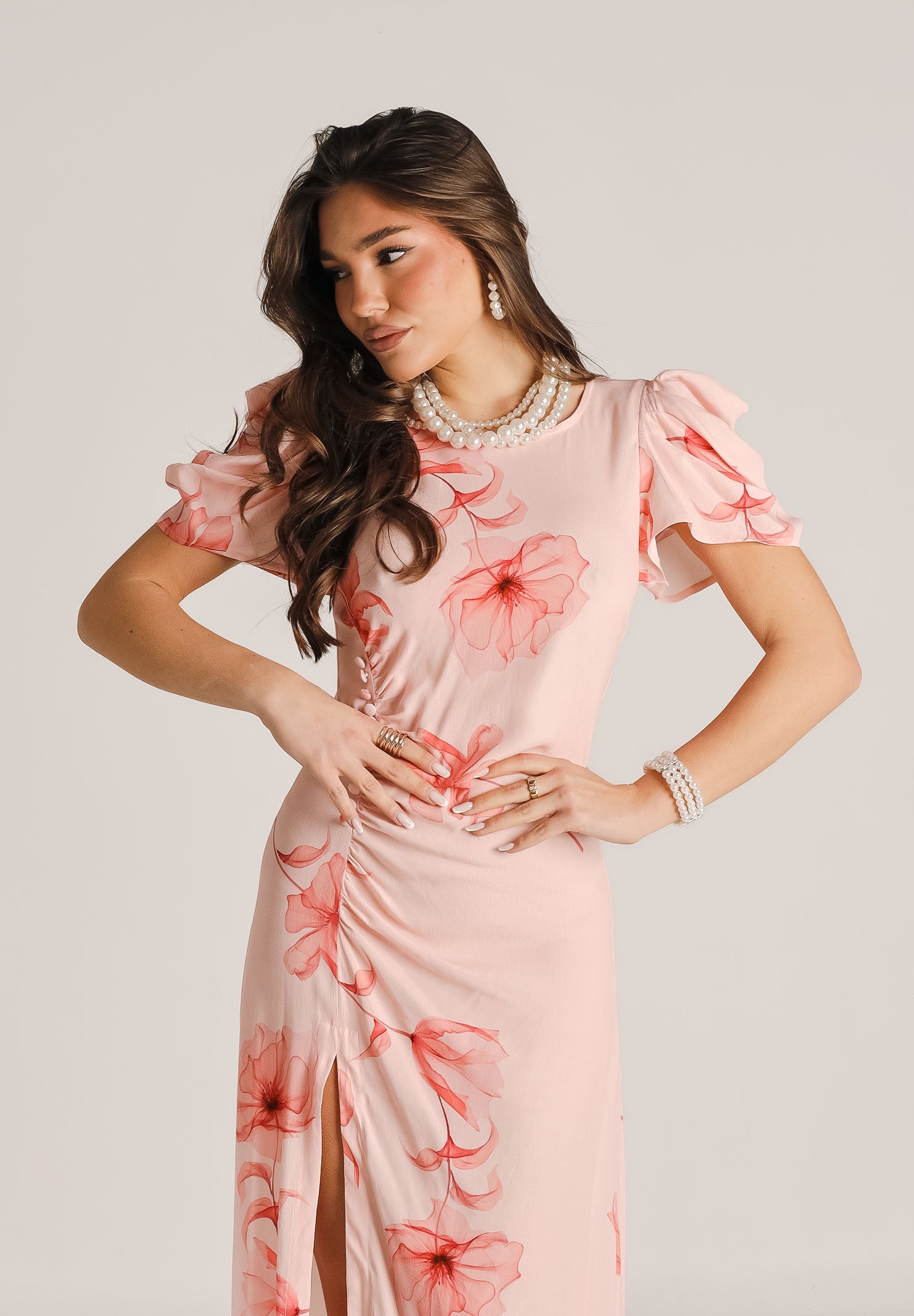 MAR DE MARGARITAS Abito midi Kristel nude da donna con stampa floreale MMABW01537 AR14 Mar de margaritas 