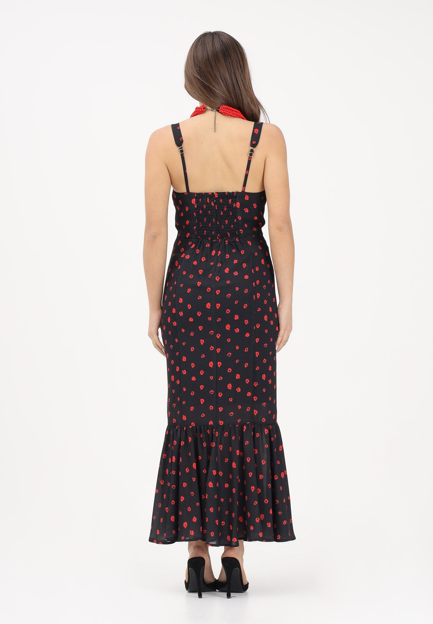 MAR DE MARGARITAS Abito midi Denise nero da donna con micro stampa floreale rossa MMABW01564 NE134 Mar de margaritas 