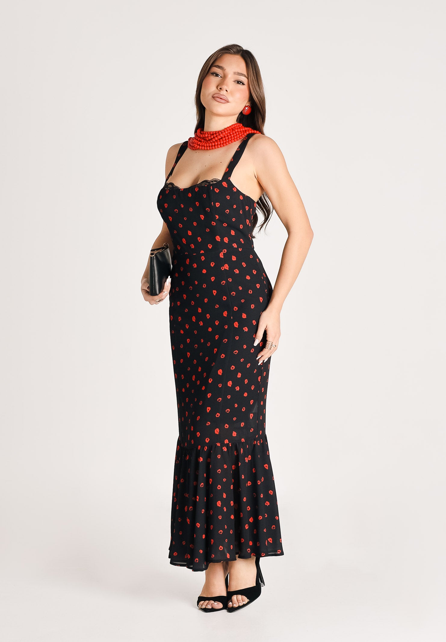 MAR DE MARGARITAS Abito midi Denise nero da donna con micro stampa floreale rossa MMABW01564 NE134 Mar de margaritas 