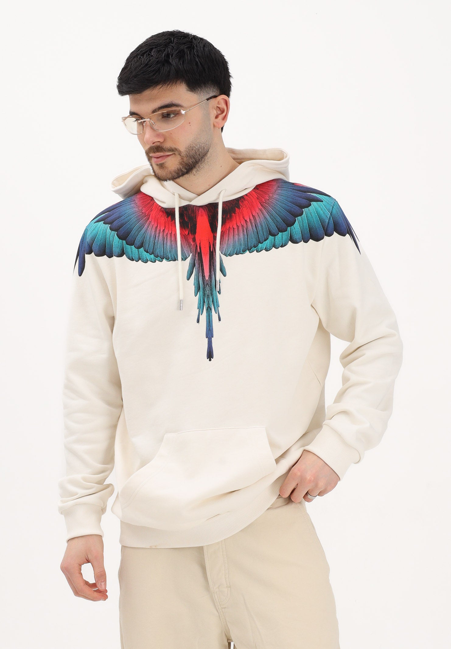 MARCELO BURLON COUNTY OF MILAN Felpa con cappuccio panna da uomo rifinita da stampa ali multicolor S6CMMAHS030 412 MARCELO BURLON COUNTY OF MILAN 