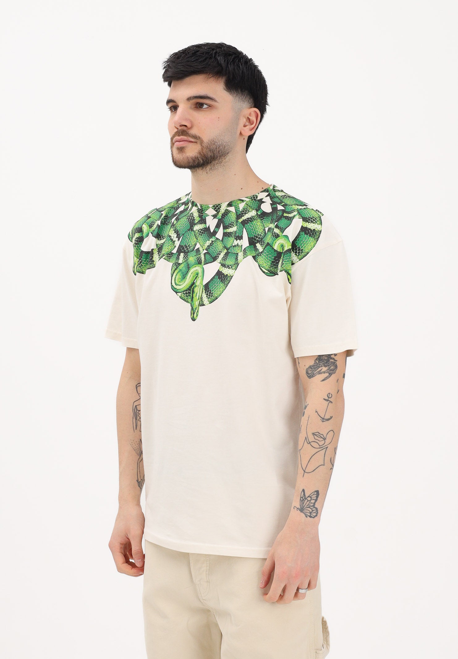 MARCELO BURLON COUNTY OF MILAN T-shirt a manica corta panna da uomo con stampa snake all-over sulle spalle S6CMMATH070 412 MARCELO BURLON COUNTY OF MILAN 