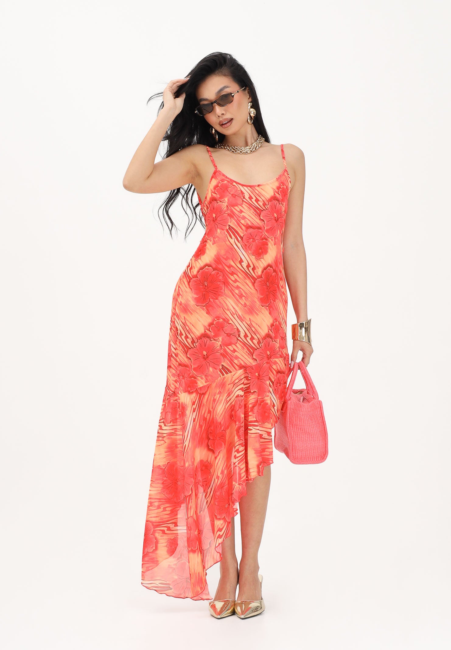 ME FUI Abito asimmetrico da donna caratterizzato da stampa floreale nei toni del rosso e arancio MF26-SW0306X11 . ME FUI 