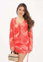ME FUI Top a manica lunga rosso corallo da donna con fantasia tropicale MF26-SW0316X12 . ME FUI 