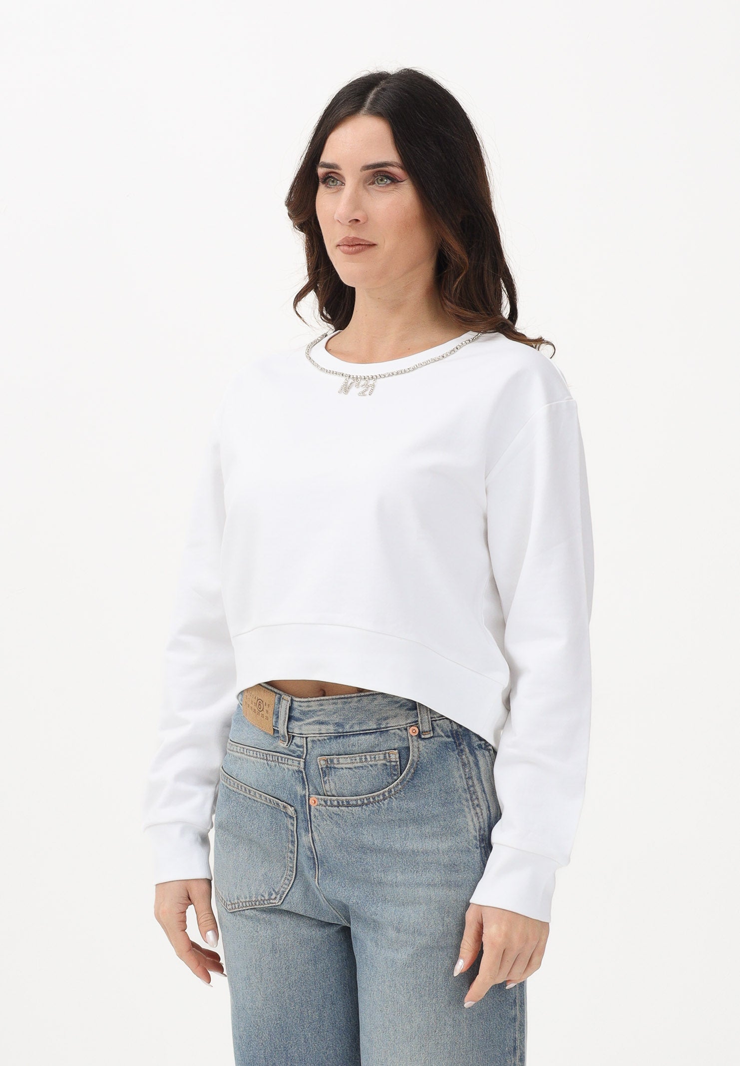 N21 Felpa girocollo bianca per donna, ragazze e bambine con dettaglio gioiello N210CRN0487 0N100 N21 