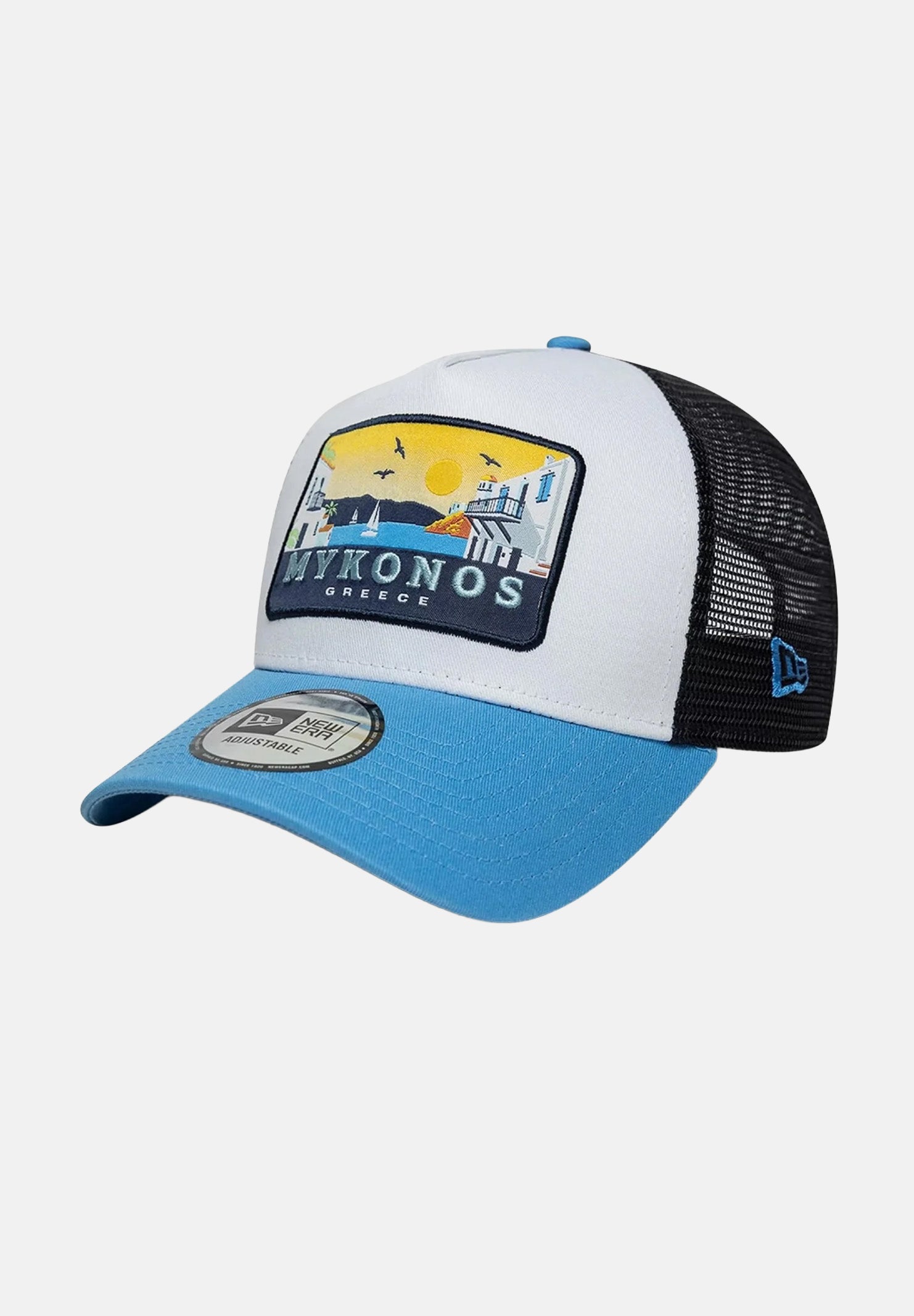 NEW ERA Cappello con visiera New Era Location Mykonos 9FORTY A-Frame Trucker azzurro per uomo e donna 60856283 . NEW ERA 