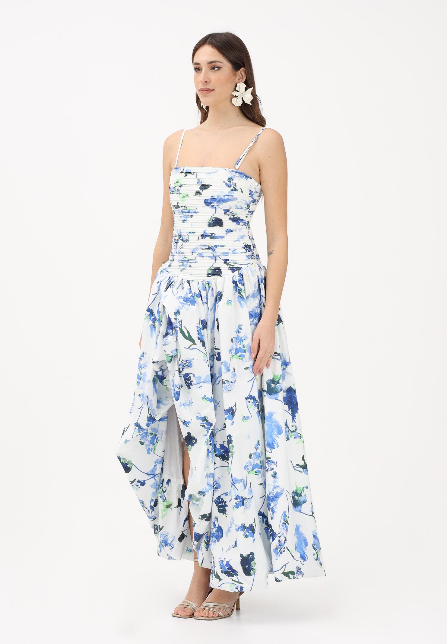 ODI ODI Abito lungo bianco da donna con stampa floreale nei toni del blu BOSALUNGO110S6 0G ODI ODI 