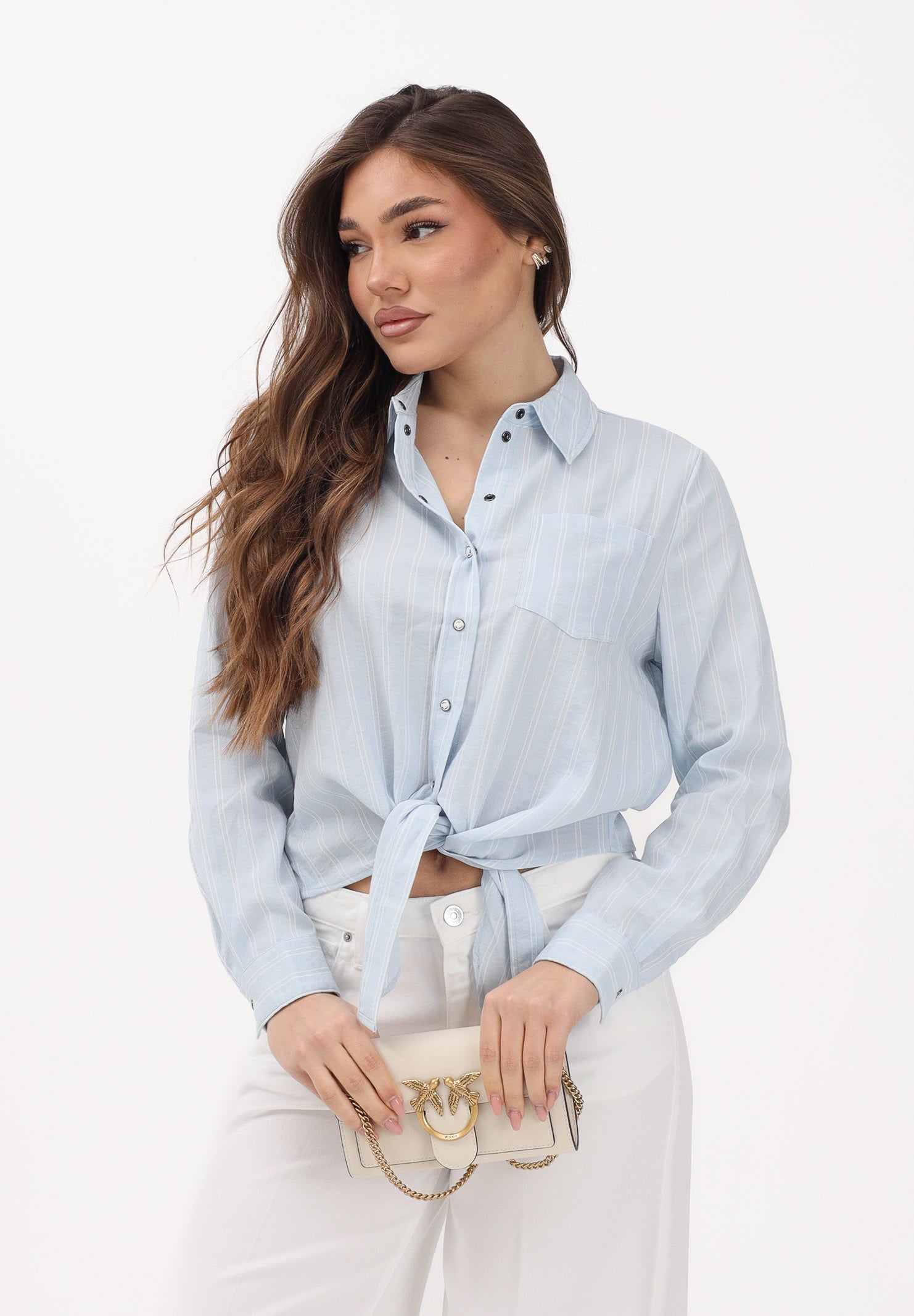 ONLY Camicia a manica lunga azzurra da donna con sottili righe e taschino 15195910 CEBR ONLY 