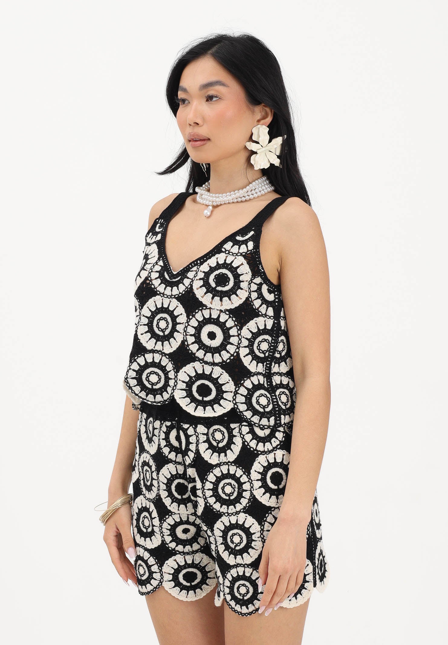 ONLY Top nero e panna da donna in tessuto lavorato tipo crochet 15289731 BLBI ONLY 