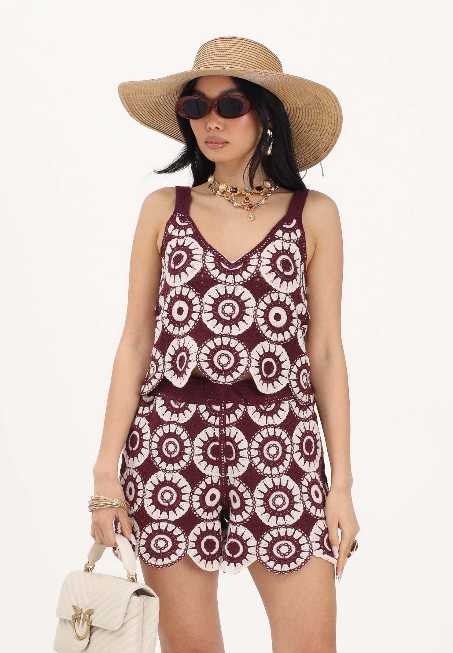 ONLY Top bordeaux e panna da donna in tessuto lavorato tipo crochet 15289731 GRWI ONLY 
