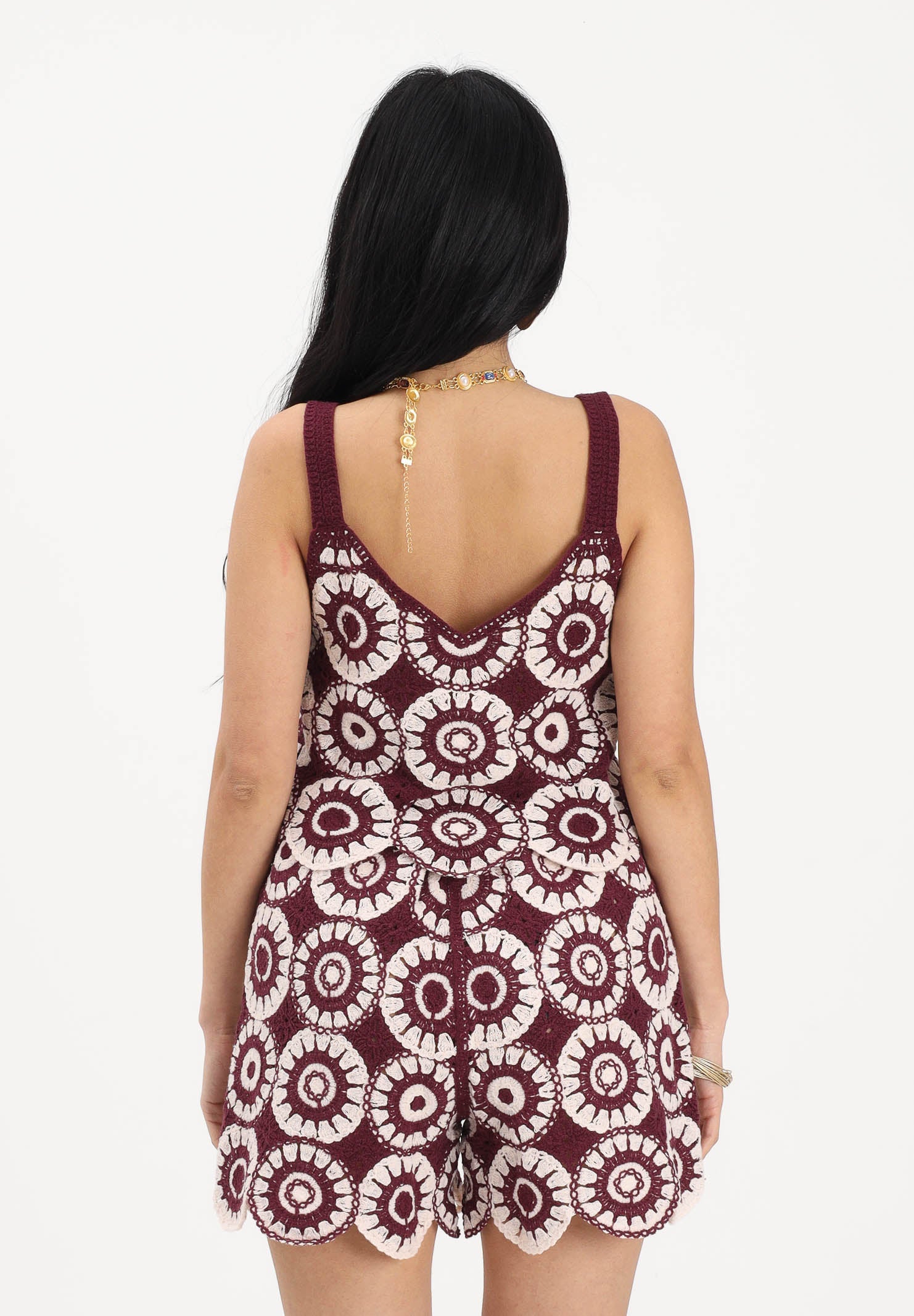ONLY Top bordeaux e panna da donna in tessuto lavorato tipo crochet 15289731 GRWI ONLY 