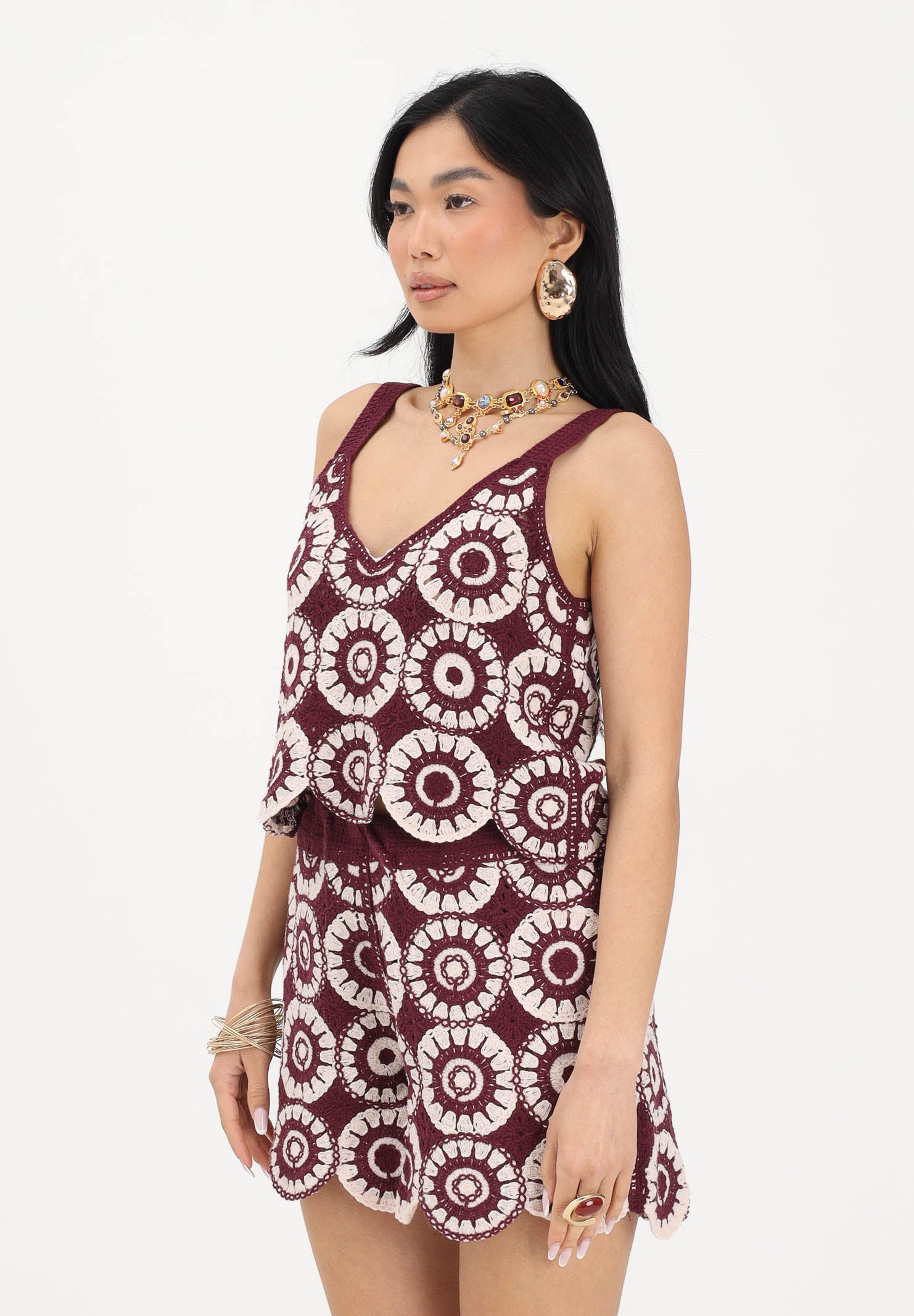 ONLY Top bordeaux e panna da donna in tessuto lavorato tipo crochet 15289731 GRWI ONLY 