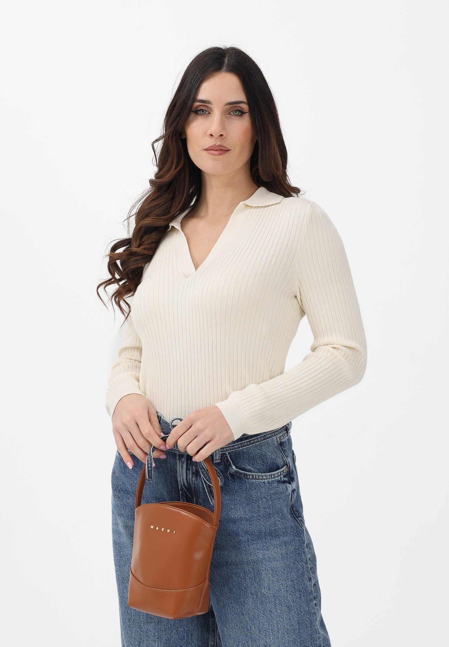 ONLY Maglioncino in tessuto a coste panna da donna stile polo 15344841 BI ONLY 