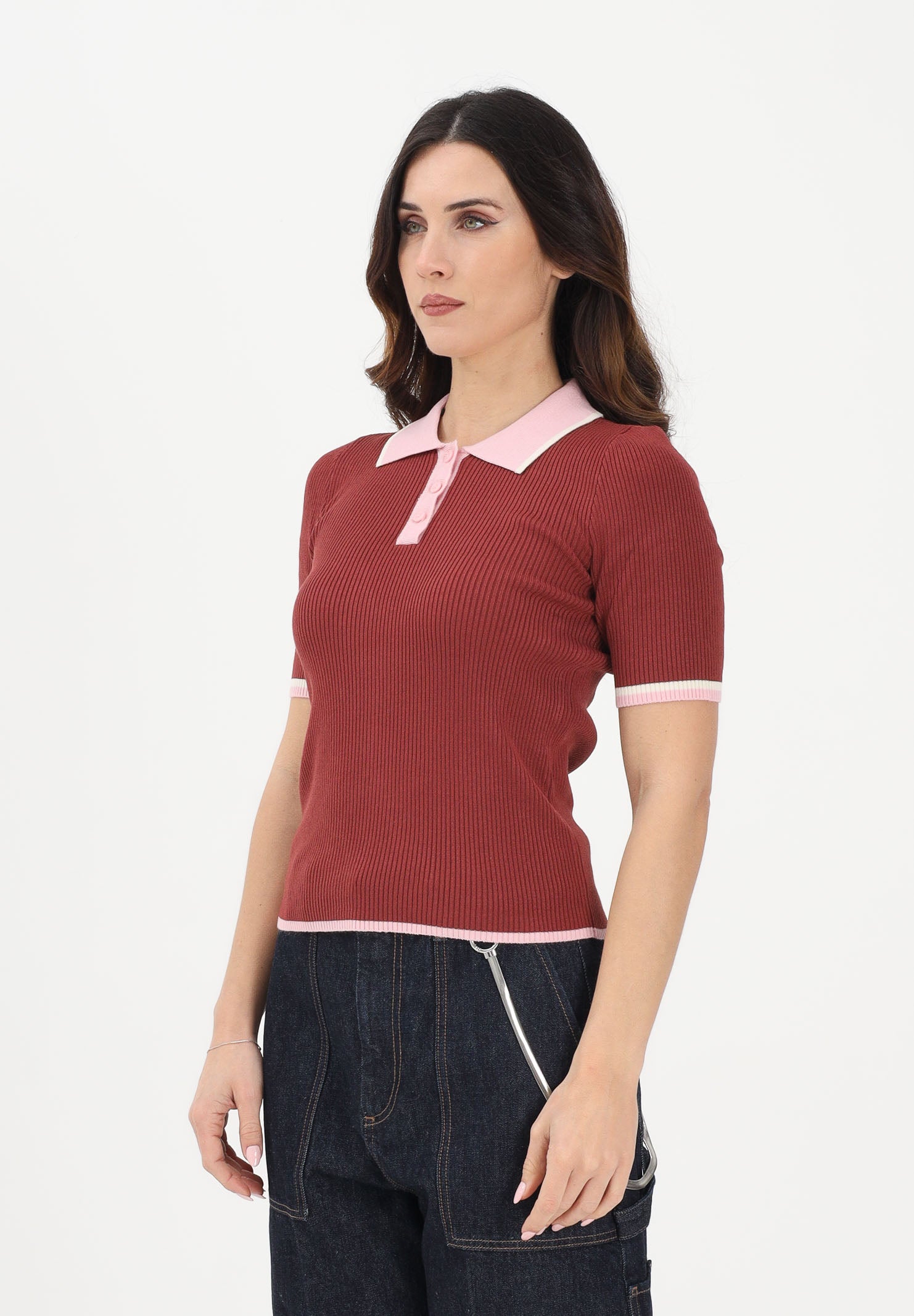 ONLY Polo in maglia a maniche corte mattone da donna con colletto a contrasto 15363165 Re ONLY 