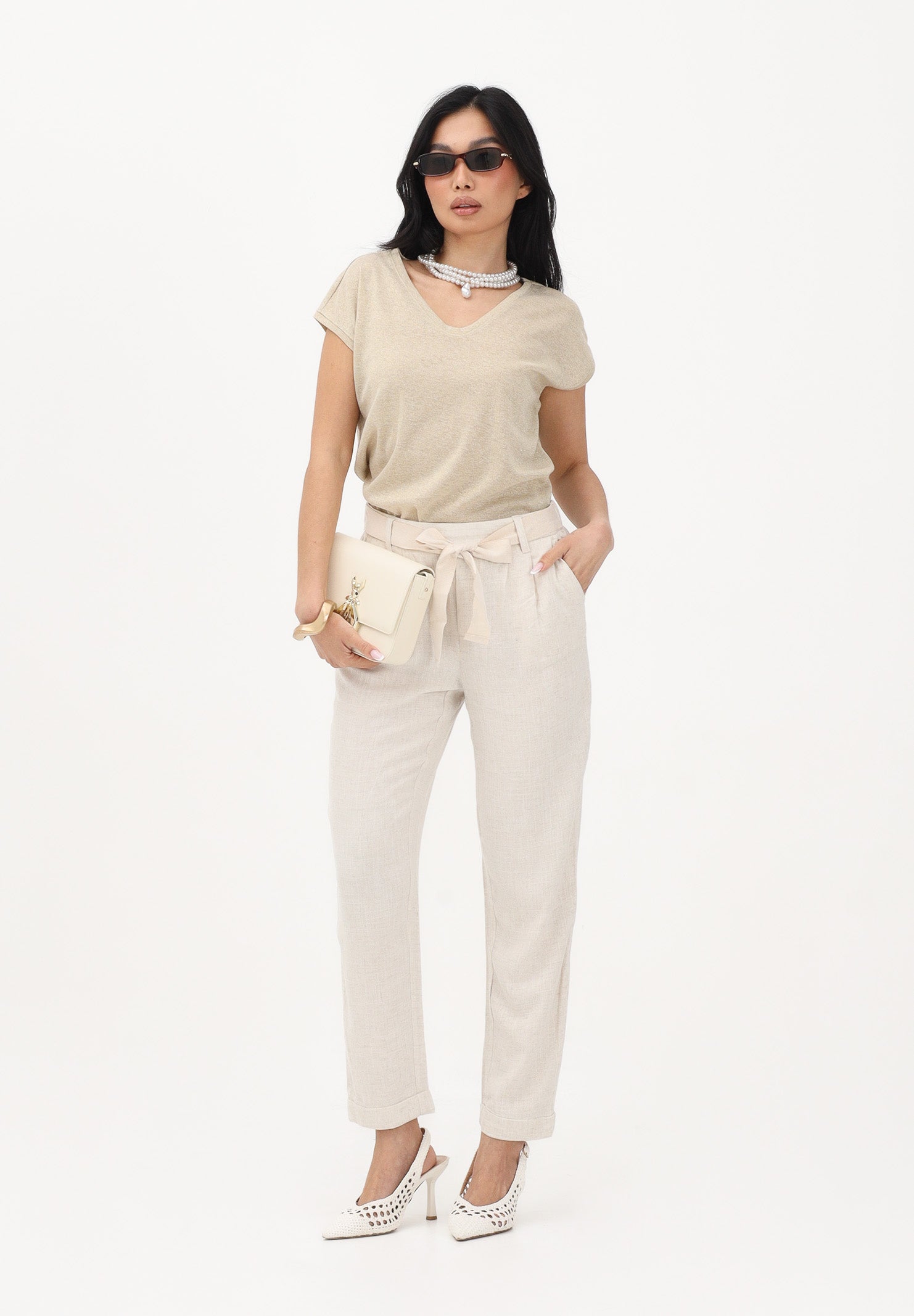 ONLY Pantalone panna da donna con cintura coordinata 15367751 MO ONLY 