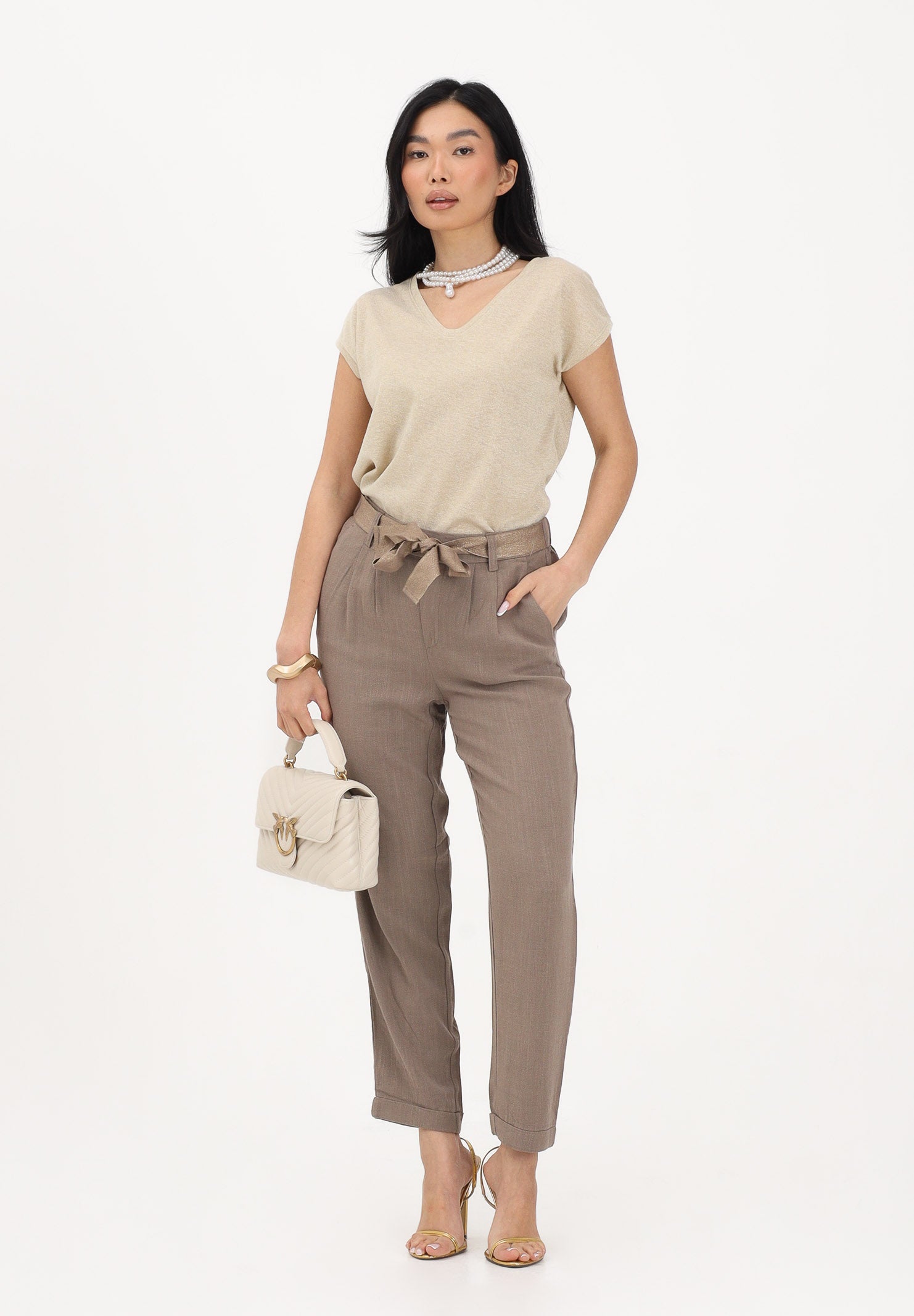 ONLY Pantalone marrone da donna con cintura coordinata 15367751 WA ONLY 