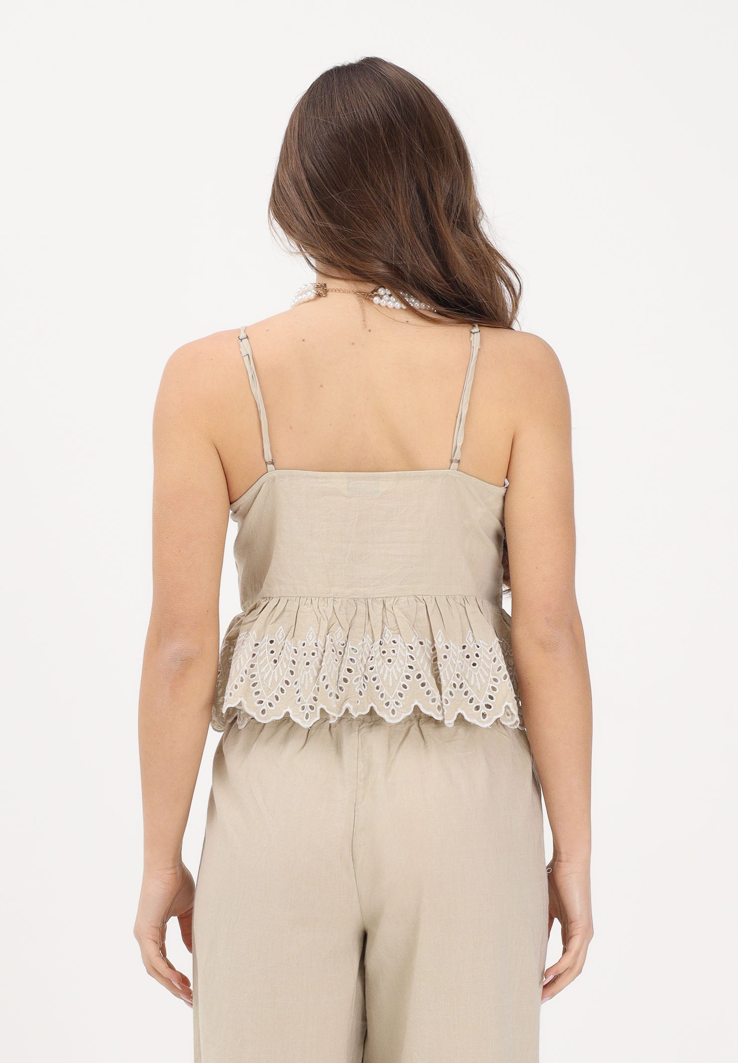 ONLY Top beige da donna con pieghe decorative e ricamo sangallo 15368892 OLGR ONLY 