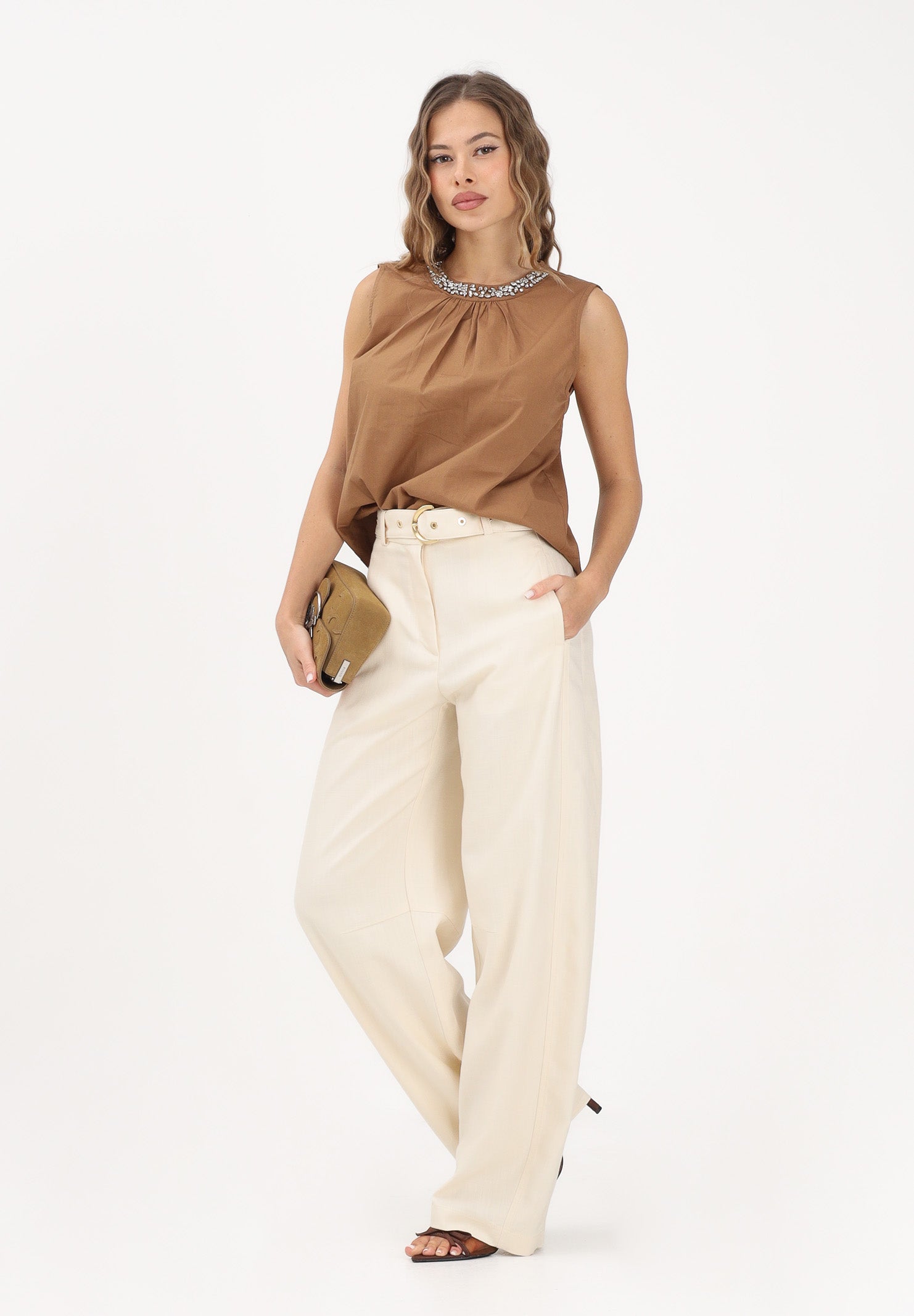 ONLY Top cammello da donna con dettaglio gioiello sullo scollo 15371623 TOCO ONLY 