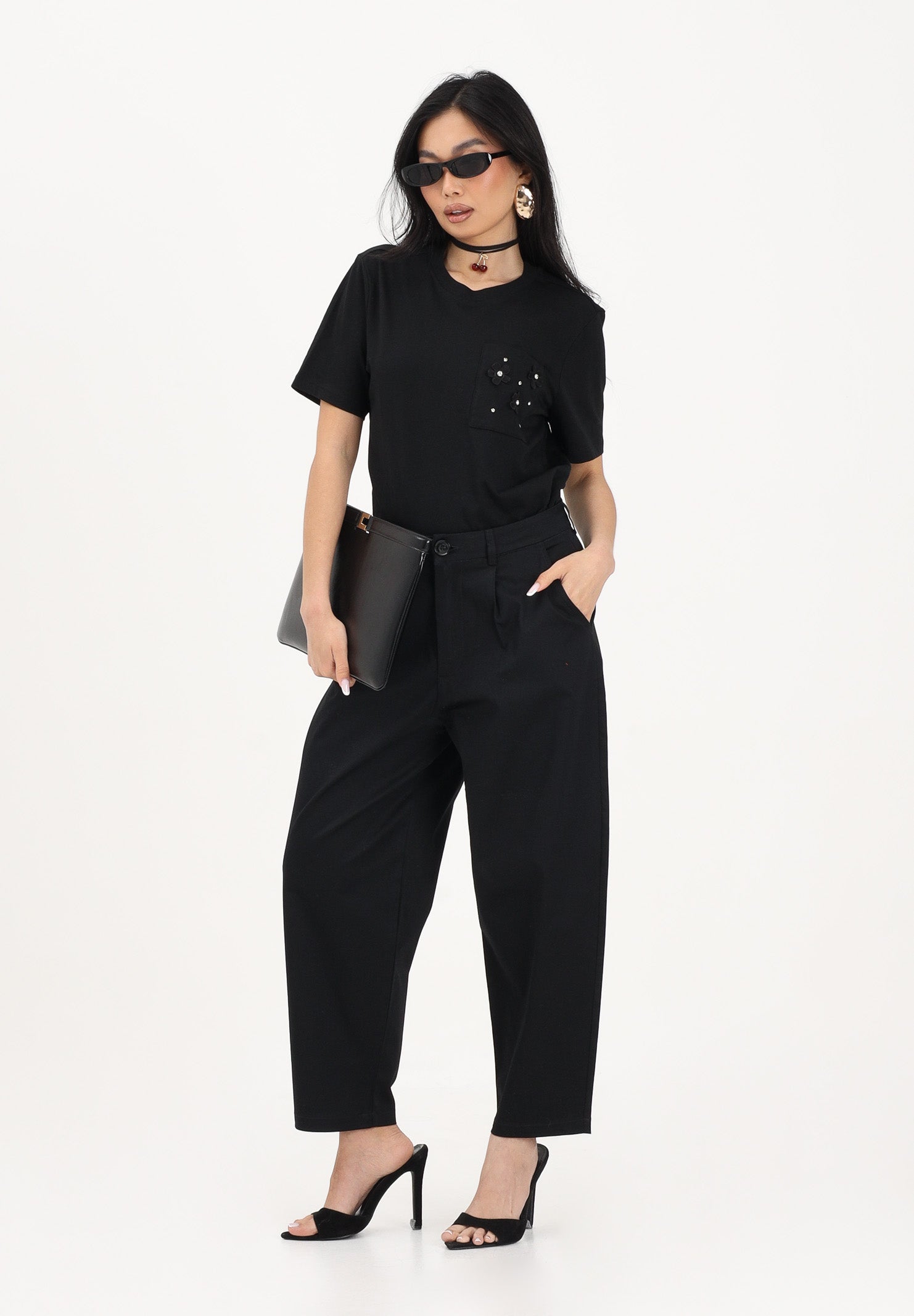ONLY T-shirt a manica corta nera da donna con taschino decorato 15371980 BLPO ONLY 