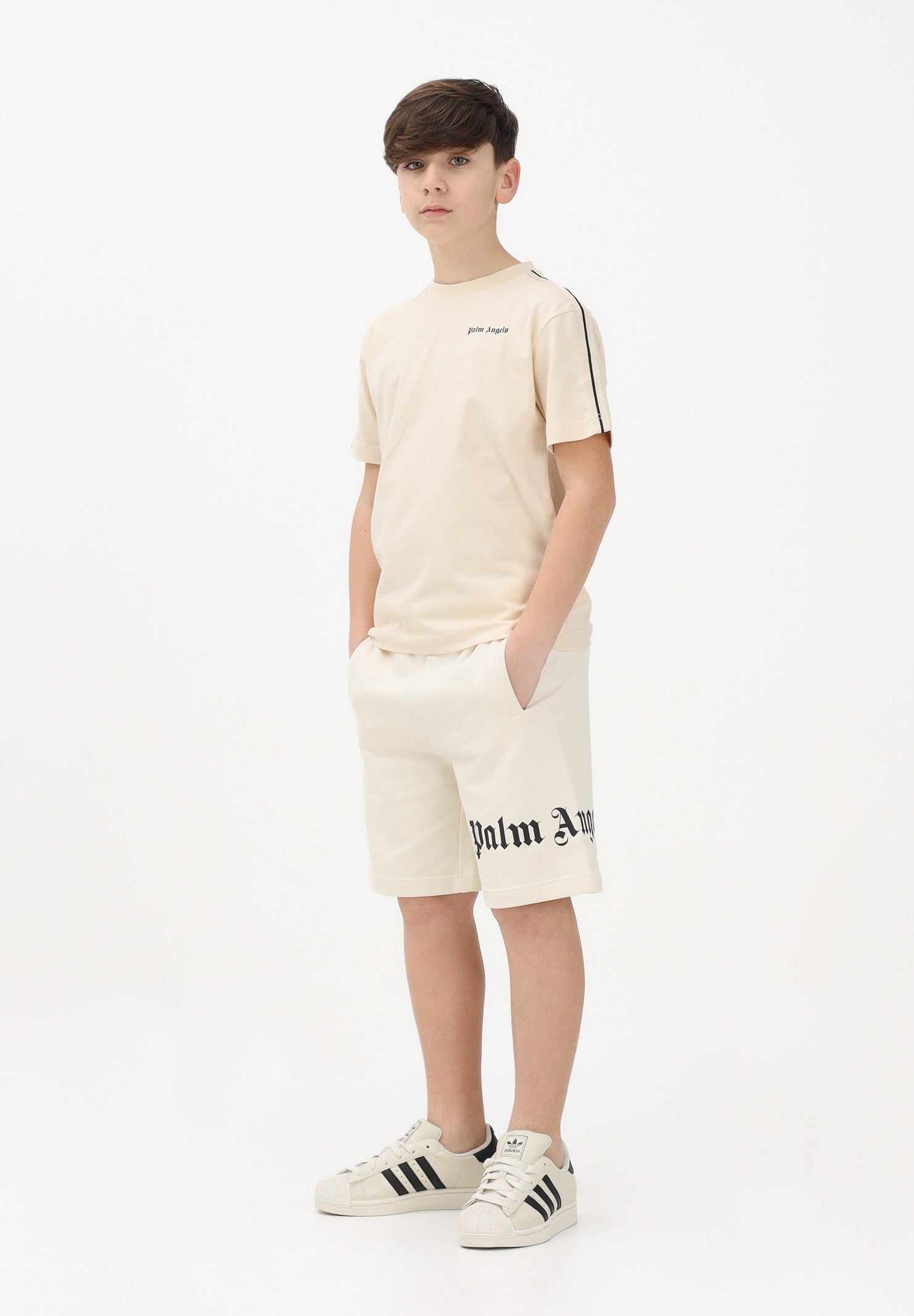PALM ANGELS Shorts sportivo panna per donna, ragazzi e bambini con logo PBCI006S26FLE001 002 PALM ANGELS 