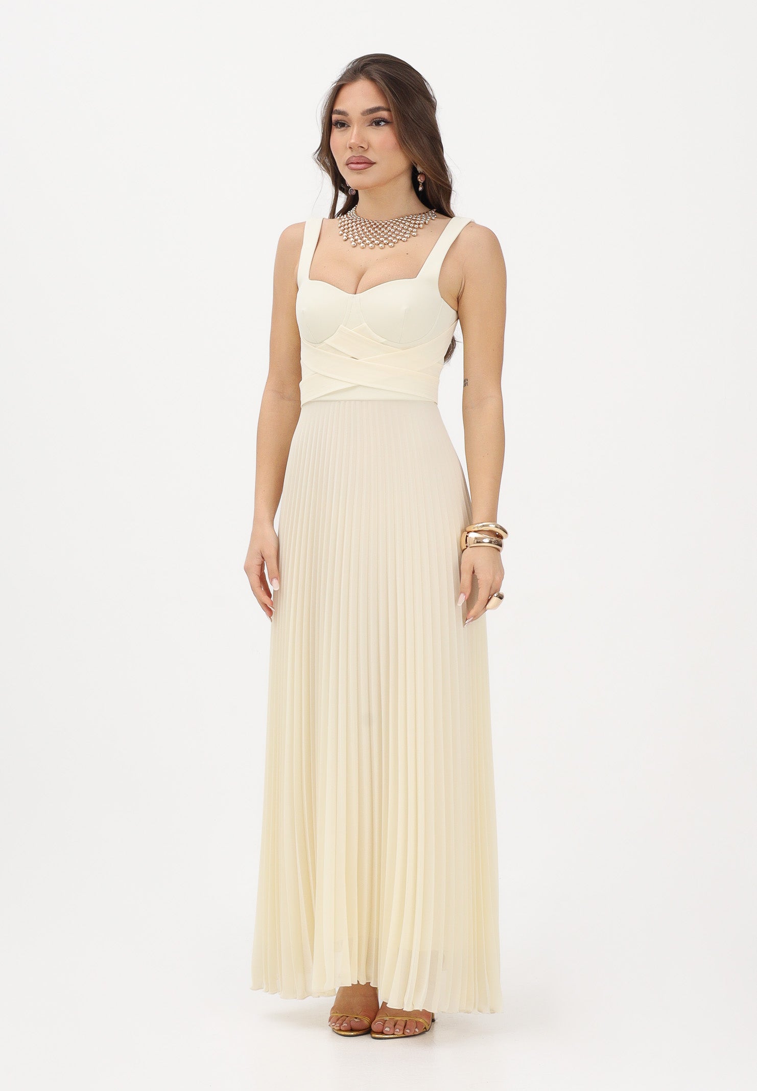 PATRIZIA PEPE Abito lungo plissè crema da donna con corpetto strutturato 2A3064A737 W418 PATRIZIA PEPE 