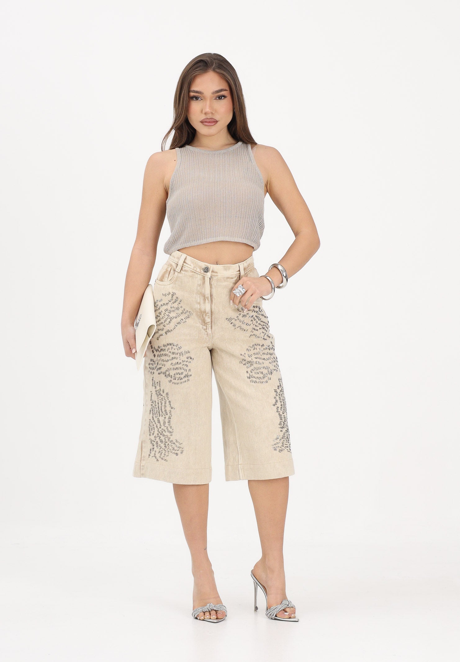 PATRIZIA PEPE Bermuda in denim beige da donna con strass 2P1771D154 B895 PATRIZIA PEPE 
