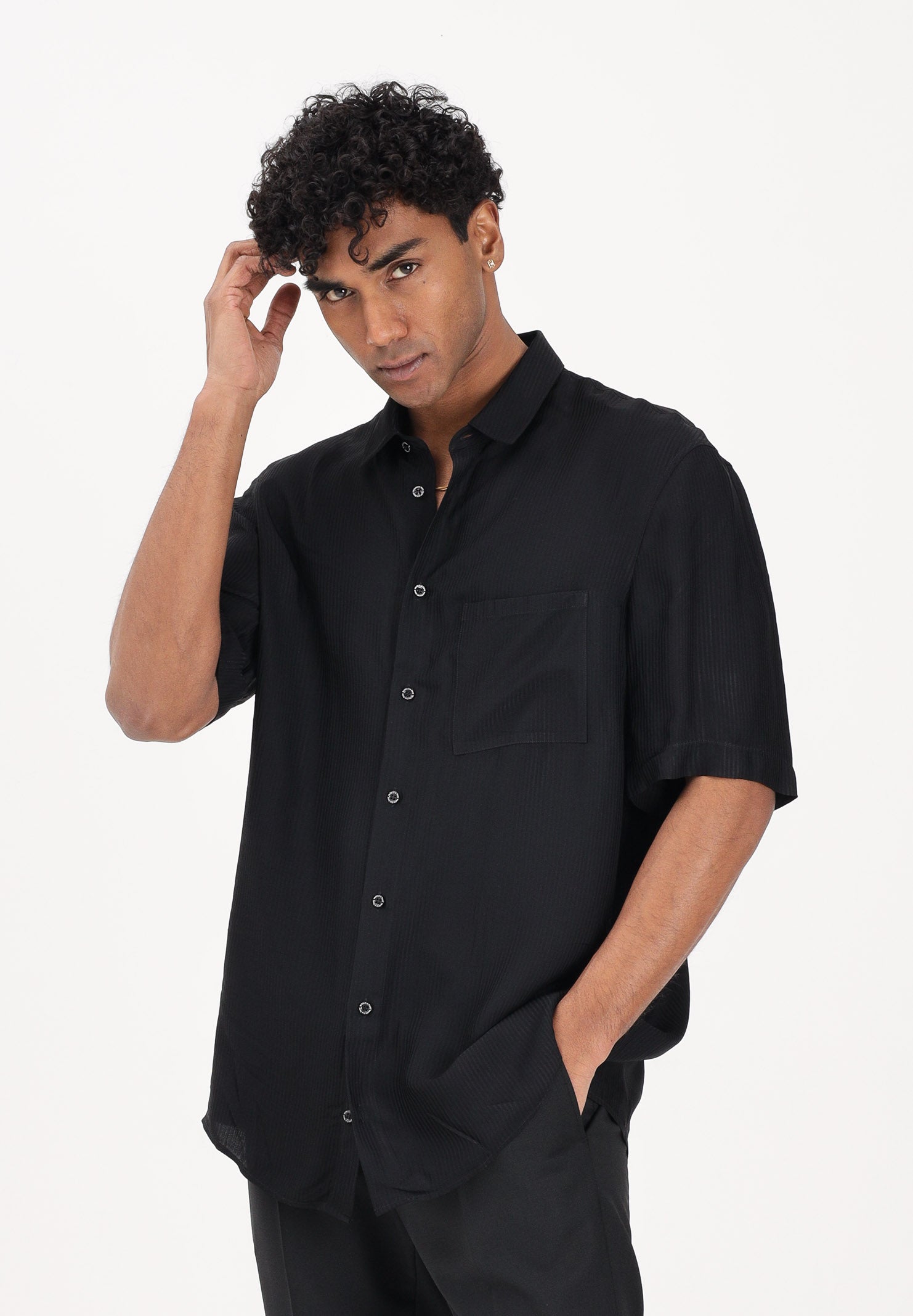 PATRIZIA PEPE Camicia a manica corta nera da uomo in viscosa jacquard 5C312TA093J K103 PATRIZIA PEPE 