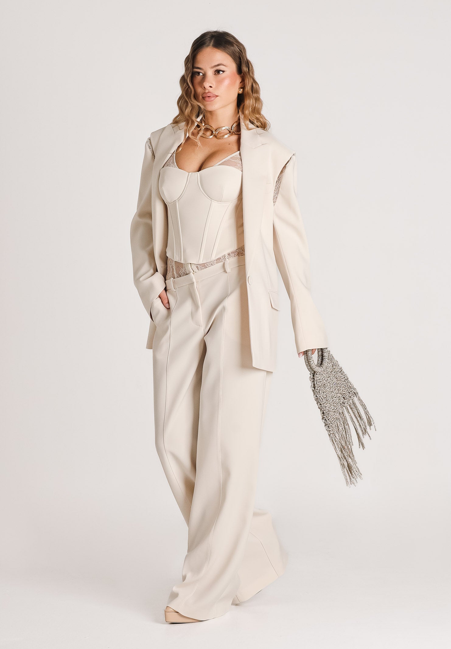 PATRIZIA PEPE Pantalone elegante panna da donna con vita in pizzo 8P0769A6F5 W409 PATRIZIA PEPE 