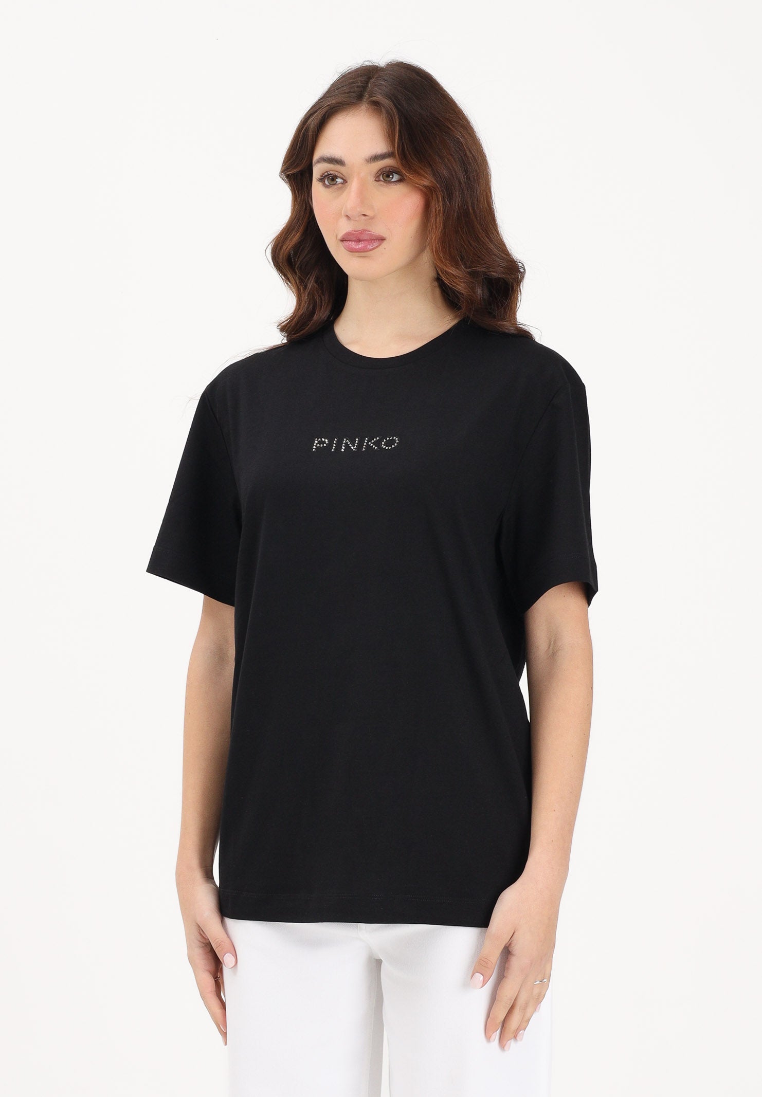 PINKO T-shirt a manica corta nera da donna con maxi scritta in strass 105526A33S Z99 PINKO 