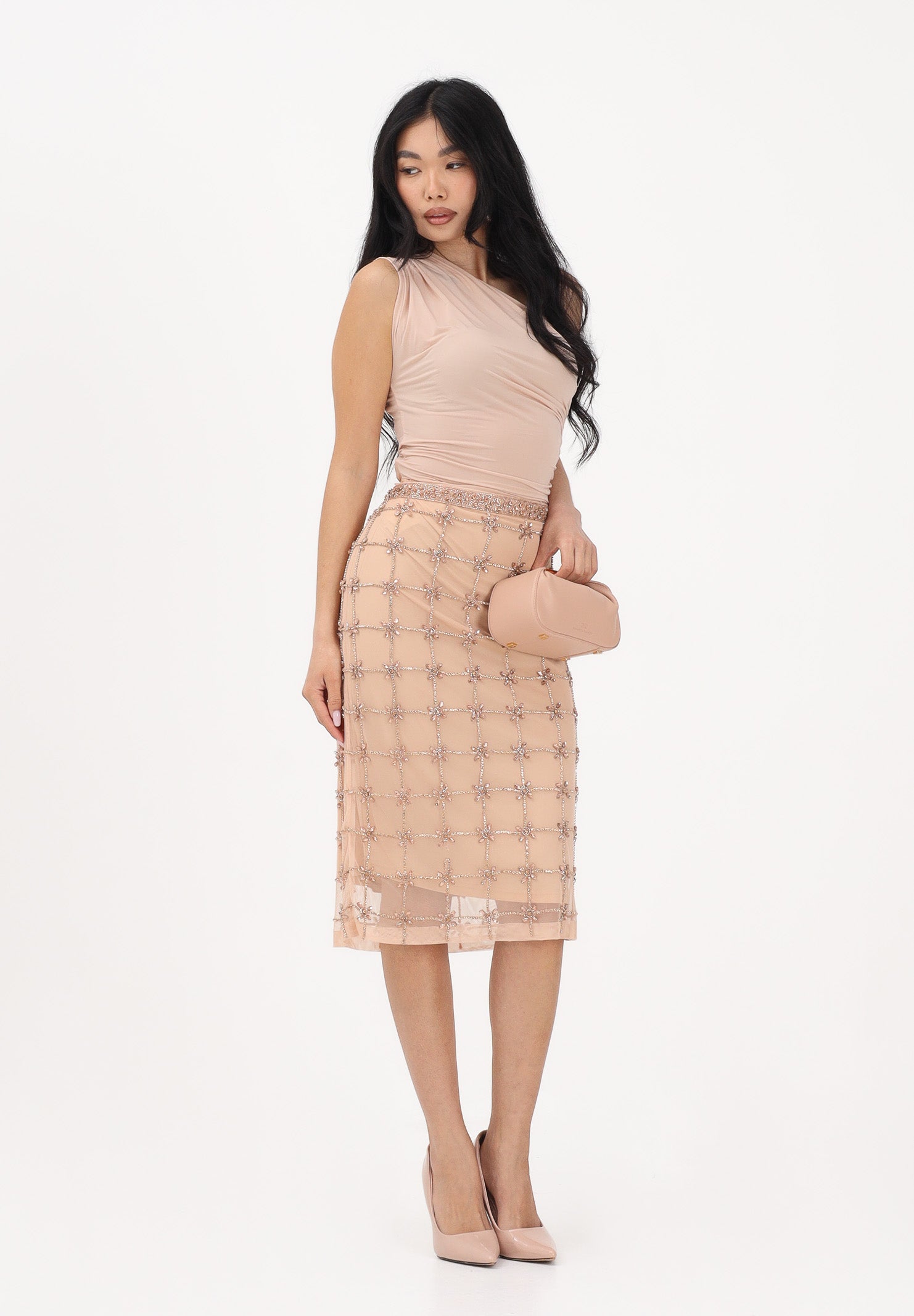 PINKO Gonna midi nude da donna in tulle con cristalli 106031A32B ZN6 PINKO 