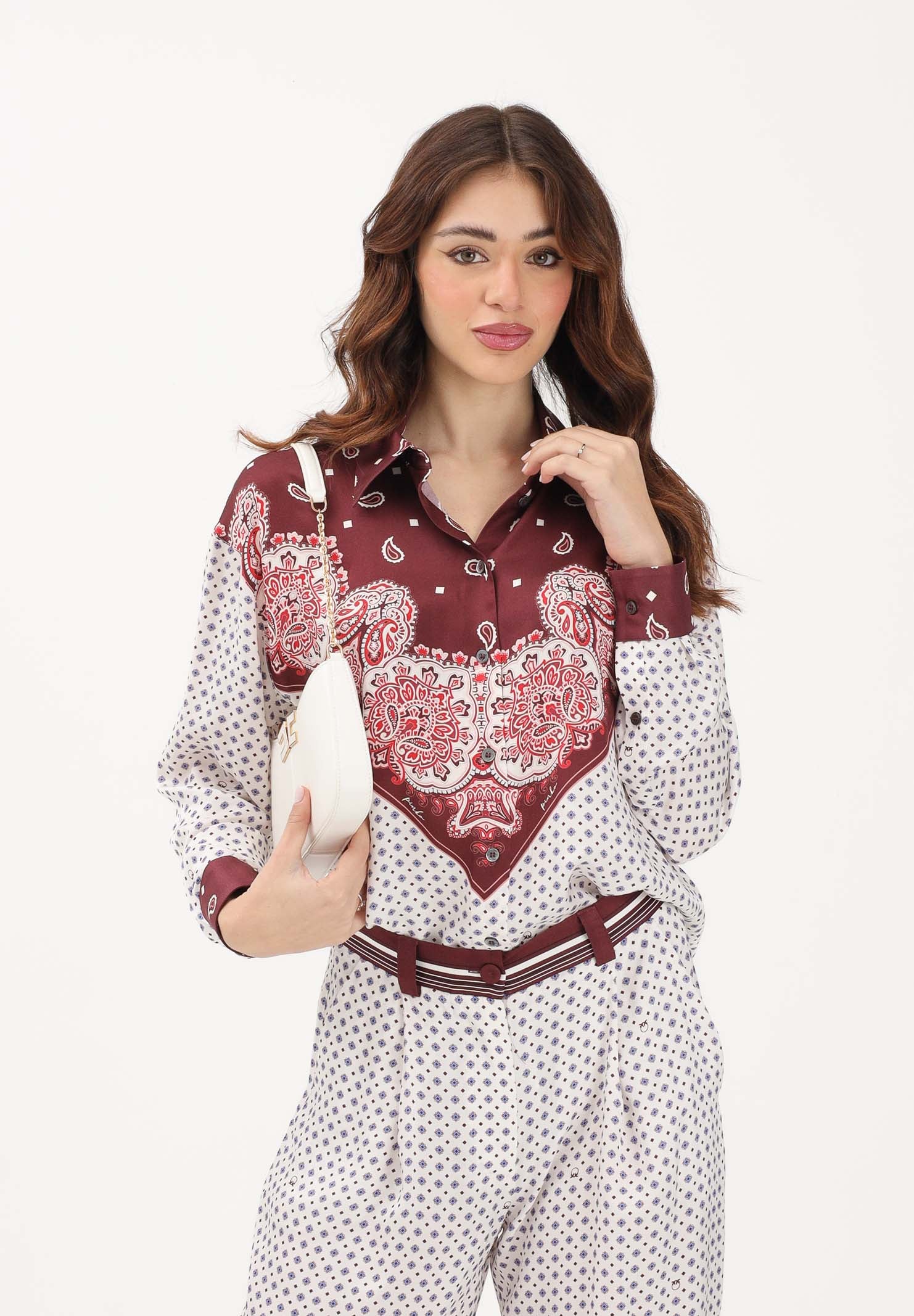 PINKO Camicia a manica lunga bianca e bordeaux da donna con motivo cravatteria e stampa piazzata 106202A31K YR1 PINKO 
