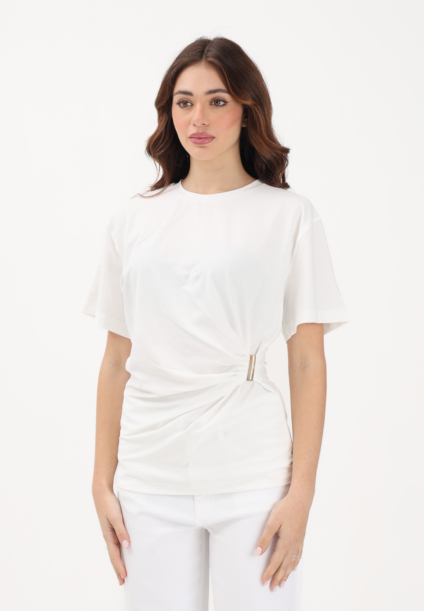 PINKO T-shirt a manica corta bianca da donna con drappeggio e dettaglio dorato 106455A35D Z05 PINKO 