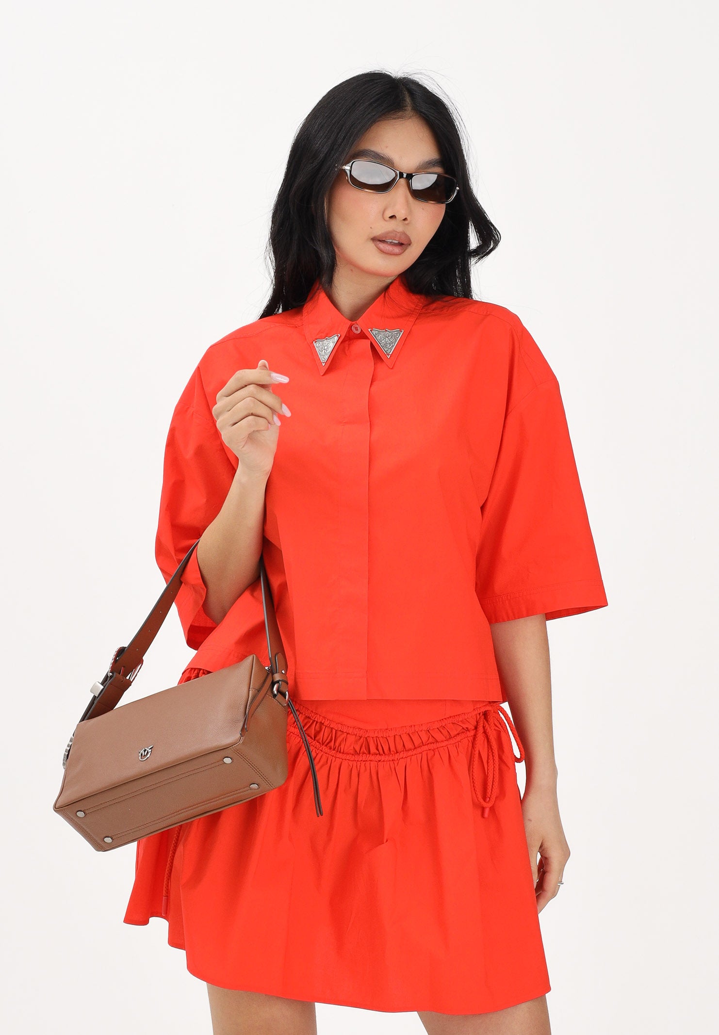 PINKO Camicia a manica corta arancione da donna con dettaglio gioiello 106826A2LD A99 PINKO 