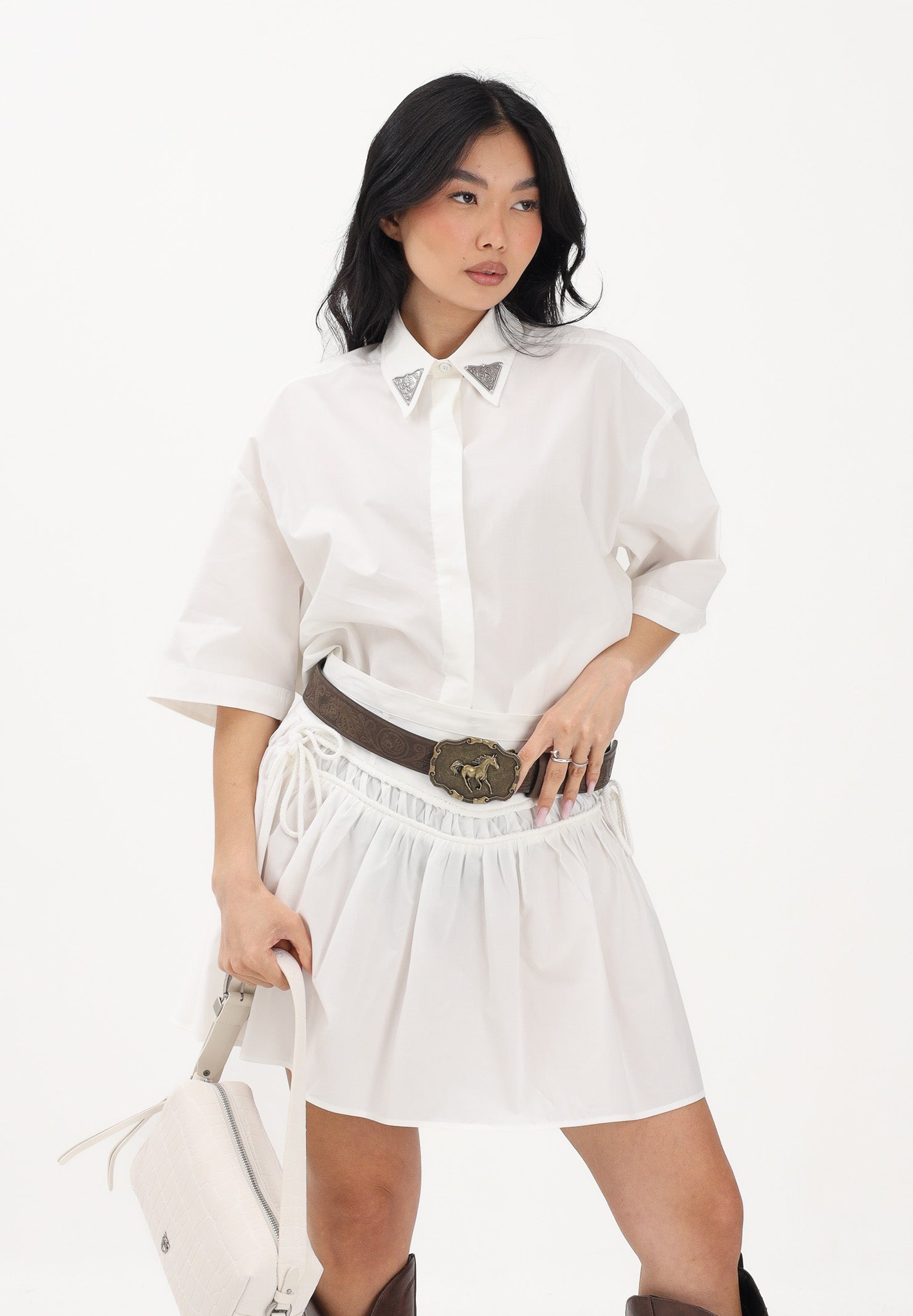 PINKO Camicia a manica corta bianca da donna con dettaglio gioiello 106826A2LD Z05 PINKO 