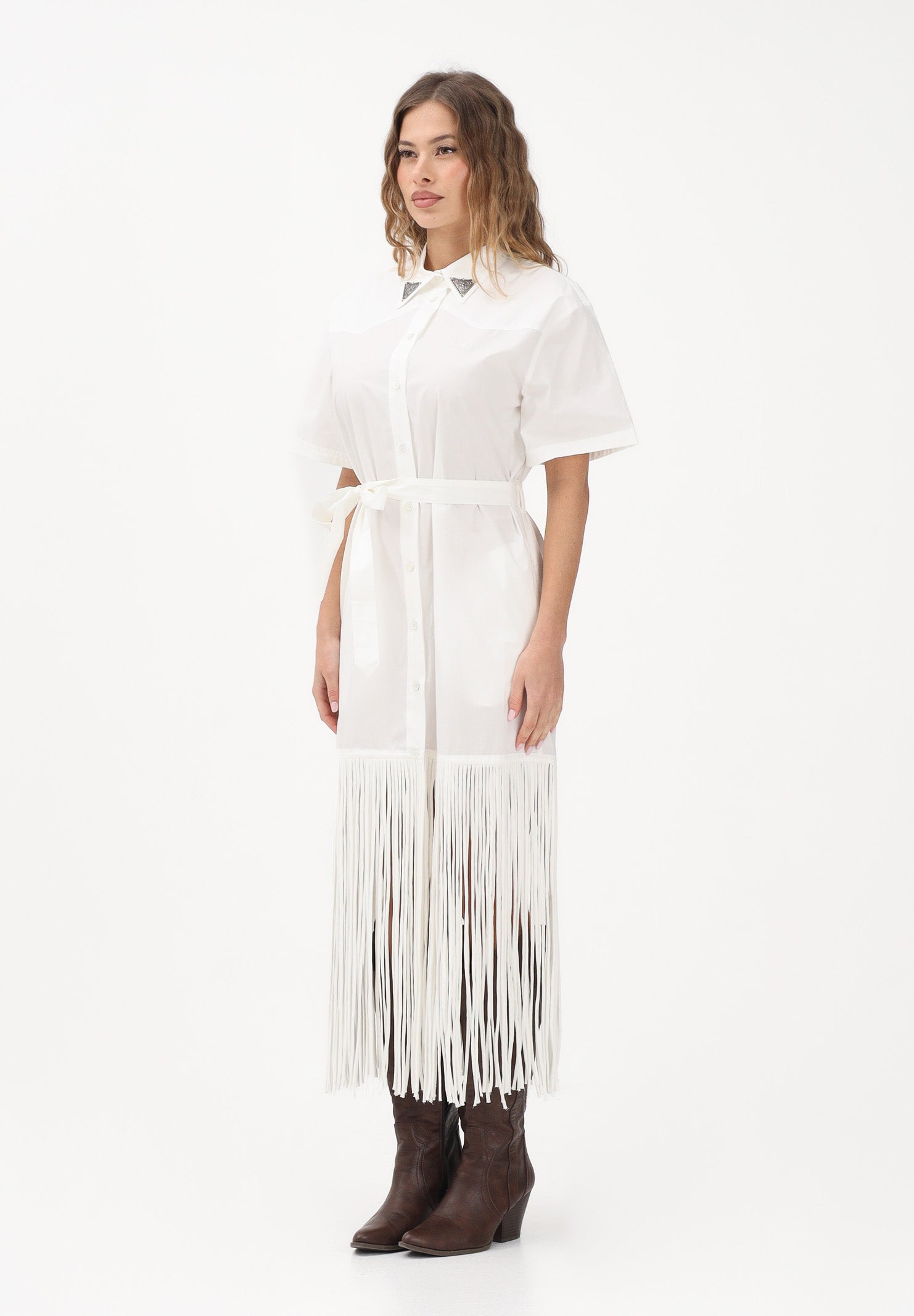 PINKO Abito midi chemisier bianco da donna con frange 106827A2LD Z05 PINKO 