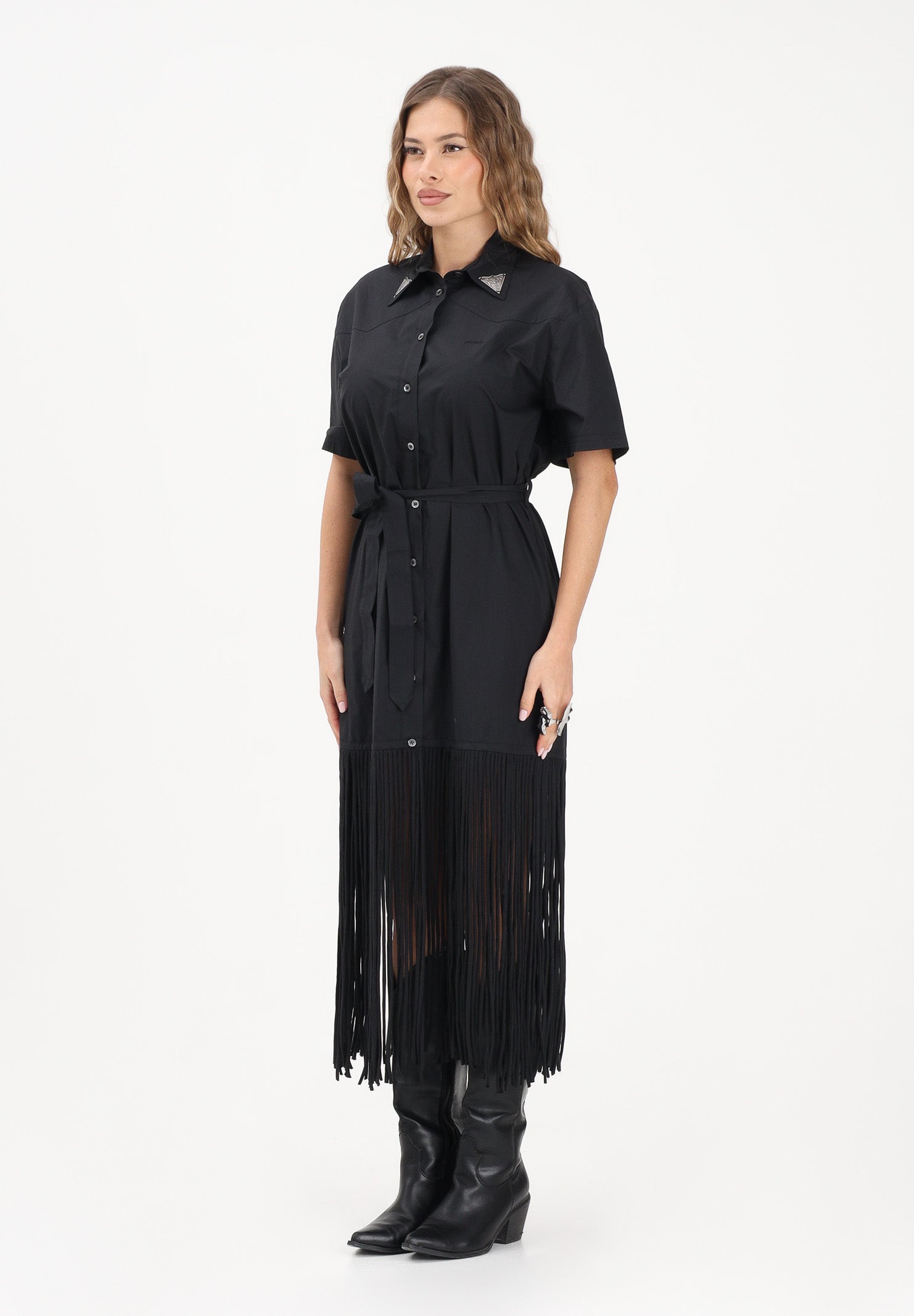 PINKO Abito midi chemisier nero da donna con frange 106827A2LD Z99 PINKO 