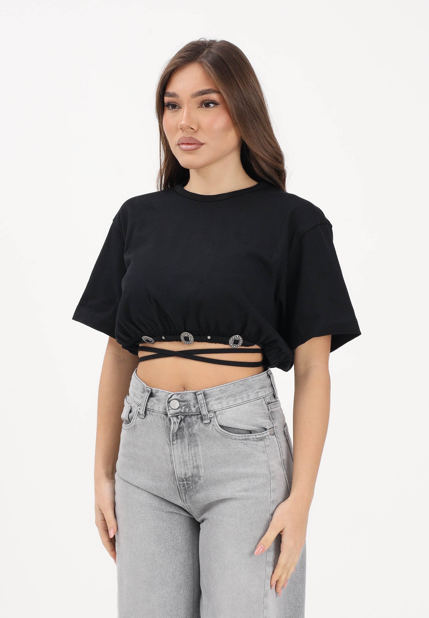 PINKO T-shirt a manica corta nera da donna con applicazioni metalliche 106907A3AR Z99 PINKO 