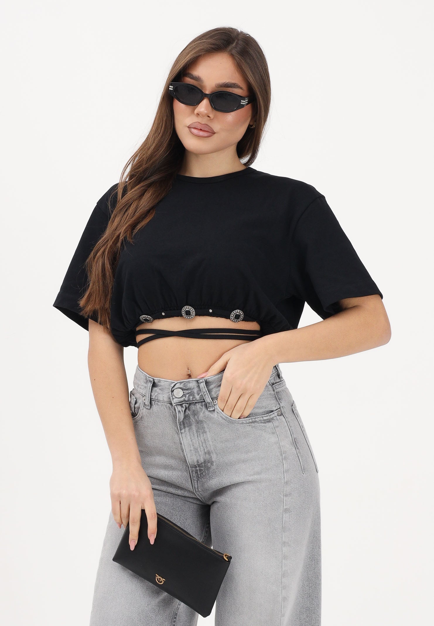 PINKO T-shirt a manica corta nera da donna con applicazioni metalliche 106907A3AR Z99 PINKO 