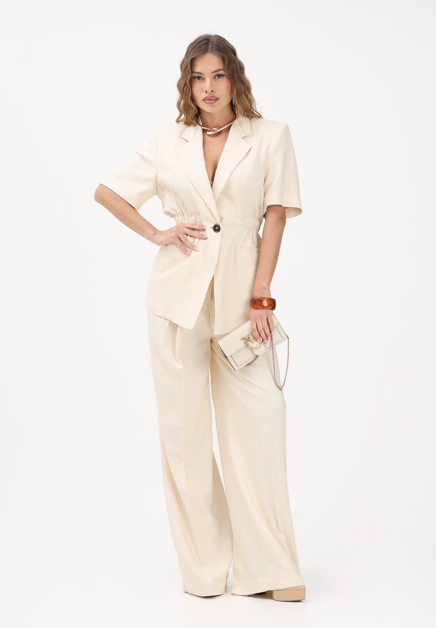 PINKO Giacca a manica corta panna da donna con vita elasticizzata<BR/> 106912A2W6 C00 PINKO 