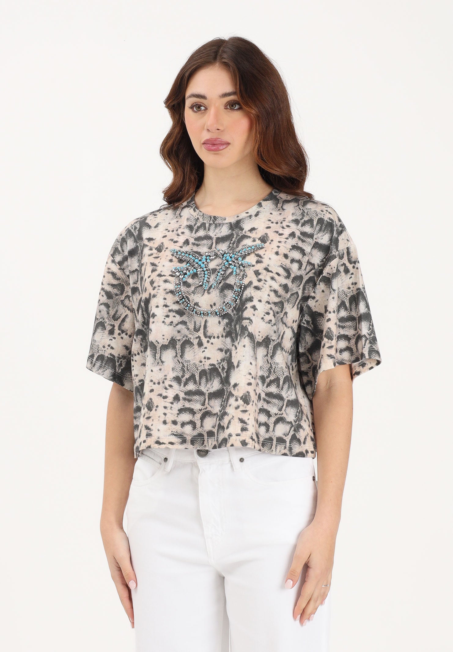 PINKO T-shirt a manica corta beige da donna con fantasia pitonata e logo 106921A3C8 CZ9 PINKO 