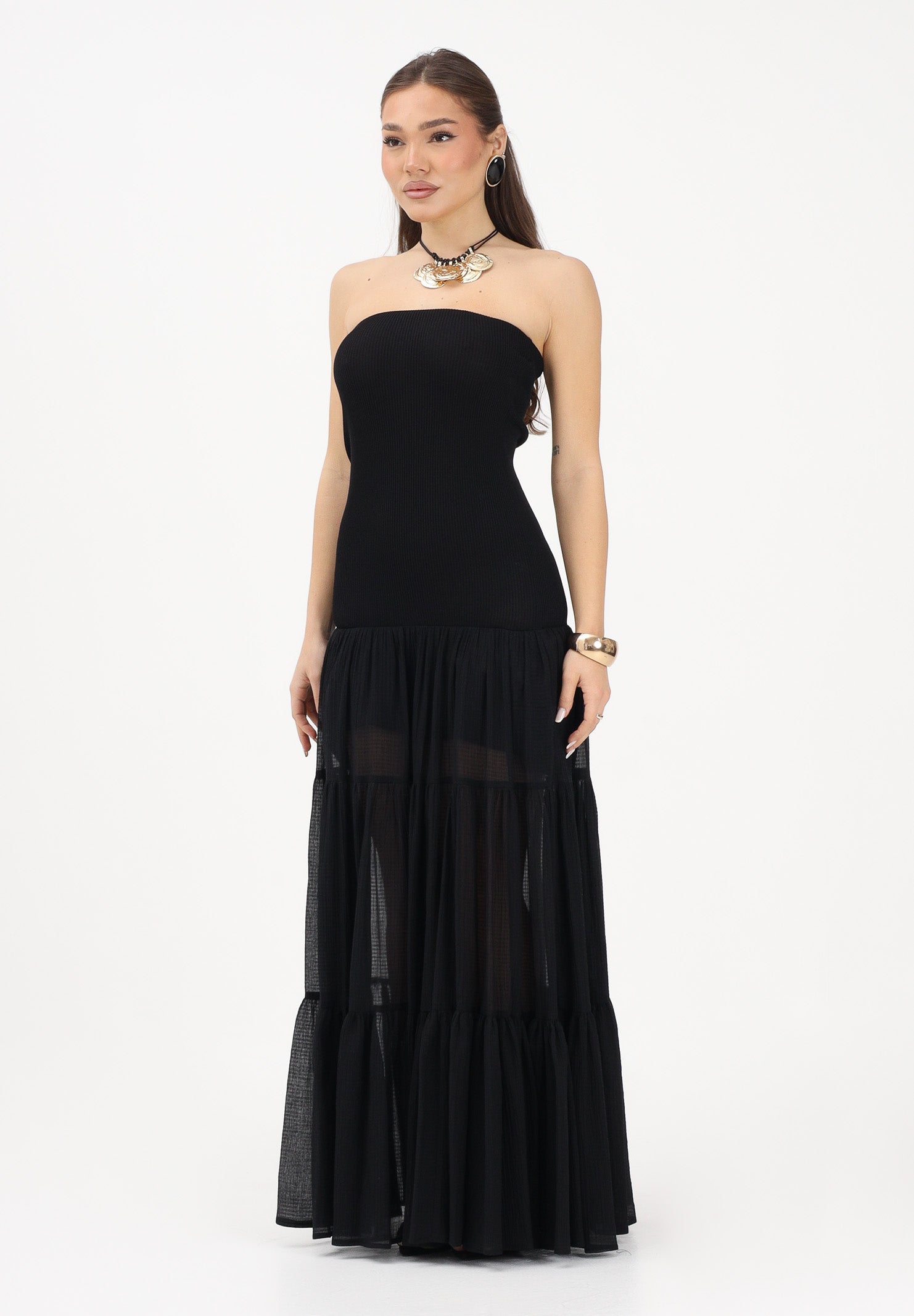 PINKO Abito lungo strapless nero da donna con gonna in voile 107015A3D1 Z99 PINKO 