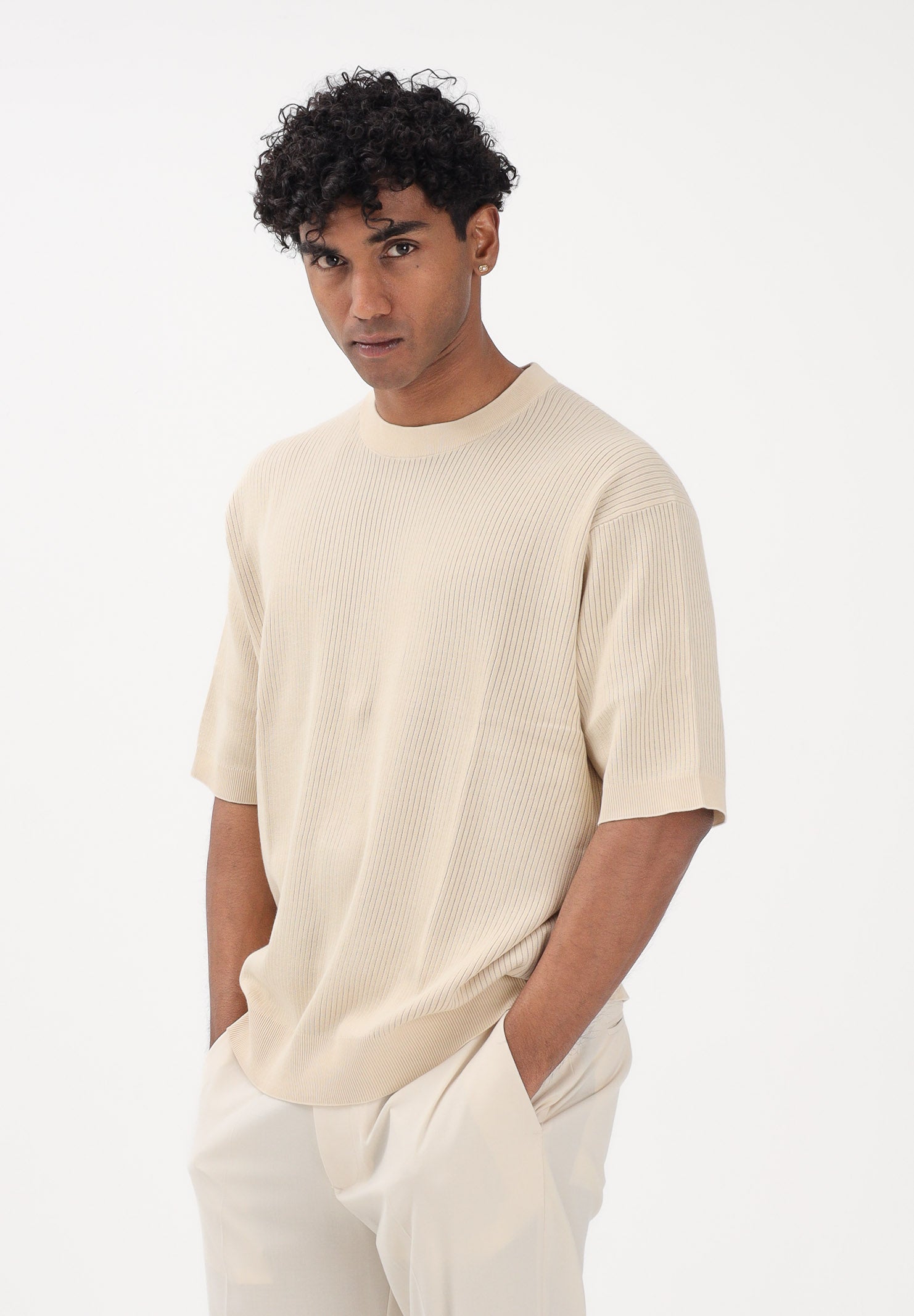 SELECTED HOMME Maglia a manica corta panna da uomo con lavorazione a costine 16100066 AN SELECTED HOMME 